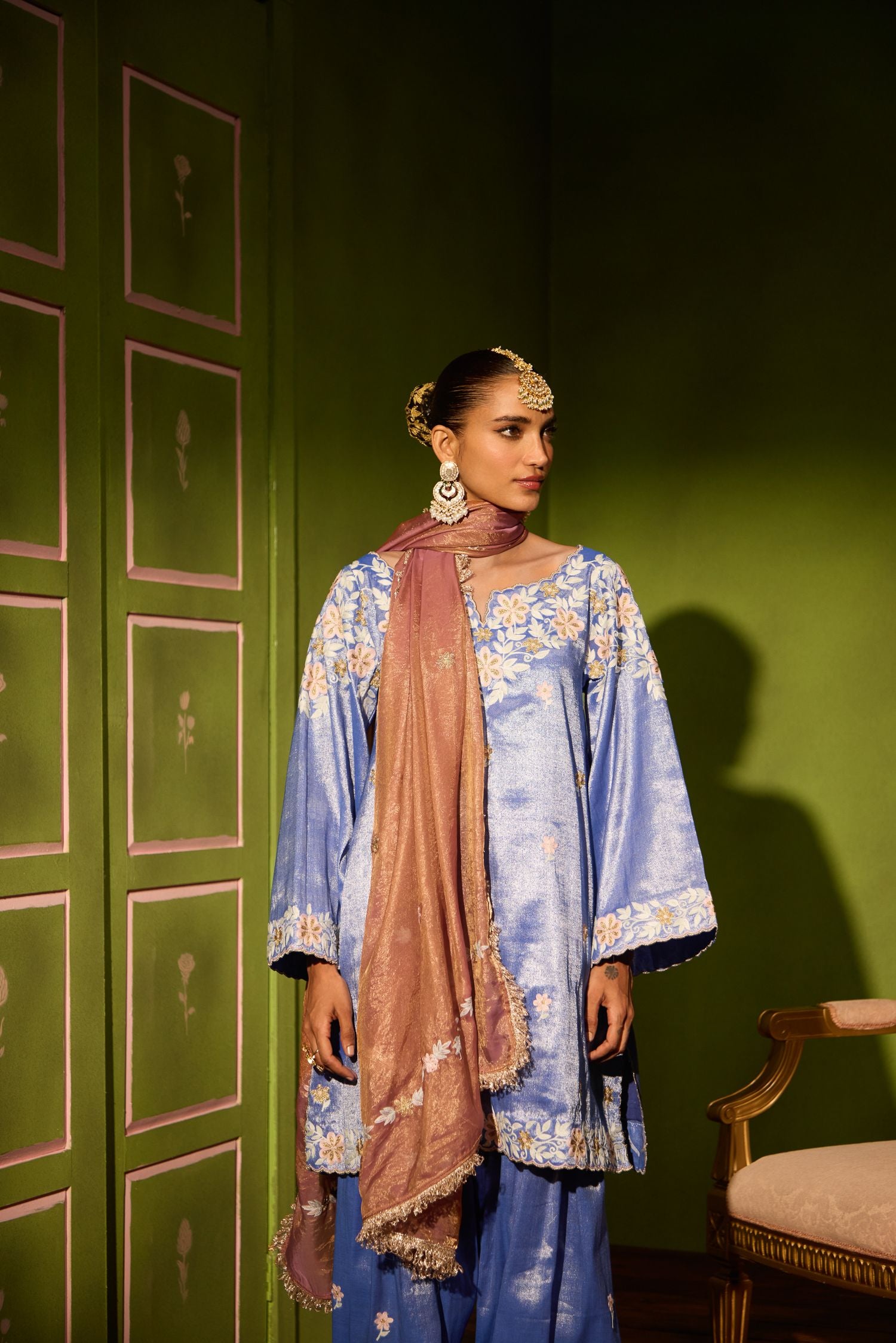 Blue Aari Tilla Embroidered Tissue Short Pheran Set with Farshi Salwar & Embroidered Tissue Dupatta