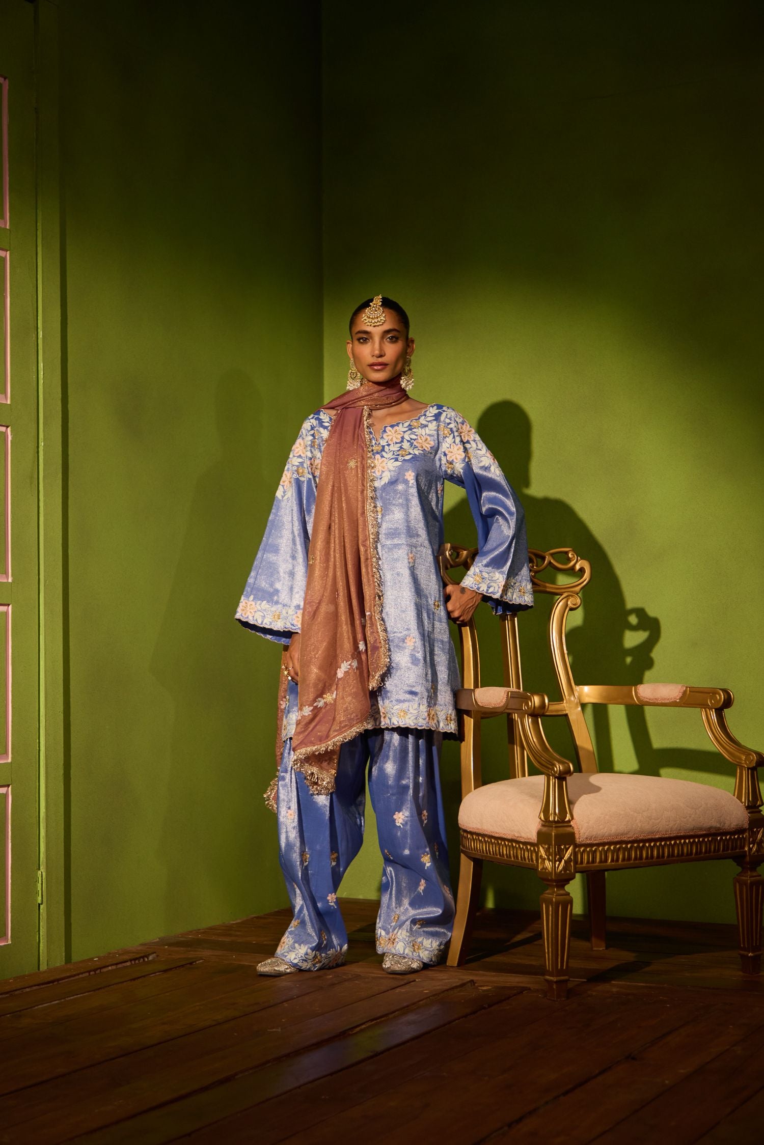 Blue Aari Tilla Embroidered Tissue Short Pheran Set with Farshi Salwar & Embroidered Tissue Dupatta