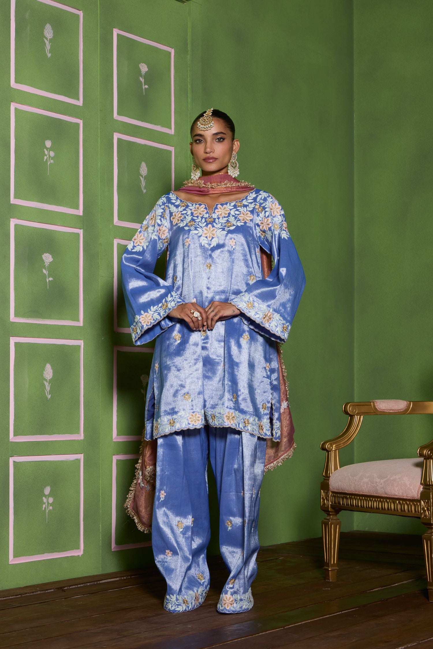 Blue Aari Tilla Embroidered Tissue Short Pheran Set with Farshi Salwar & Embroidered Tissue Dupatta