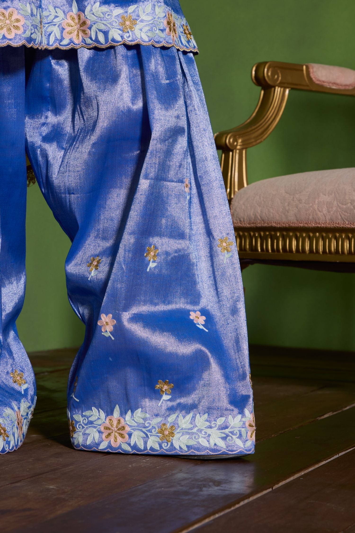 Blue Aari Tilla Embroidered Tissue Short Pheran Set with Farshi Salwar & Embroidered Tissue Dupatta