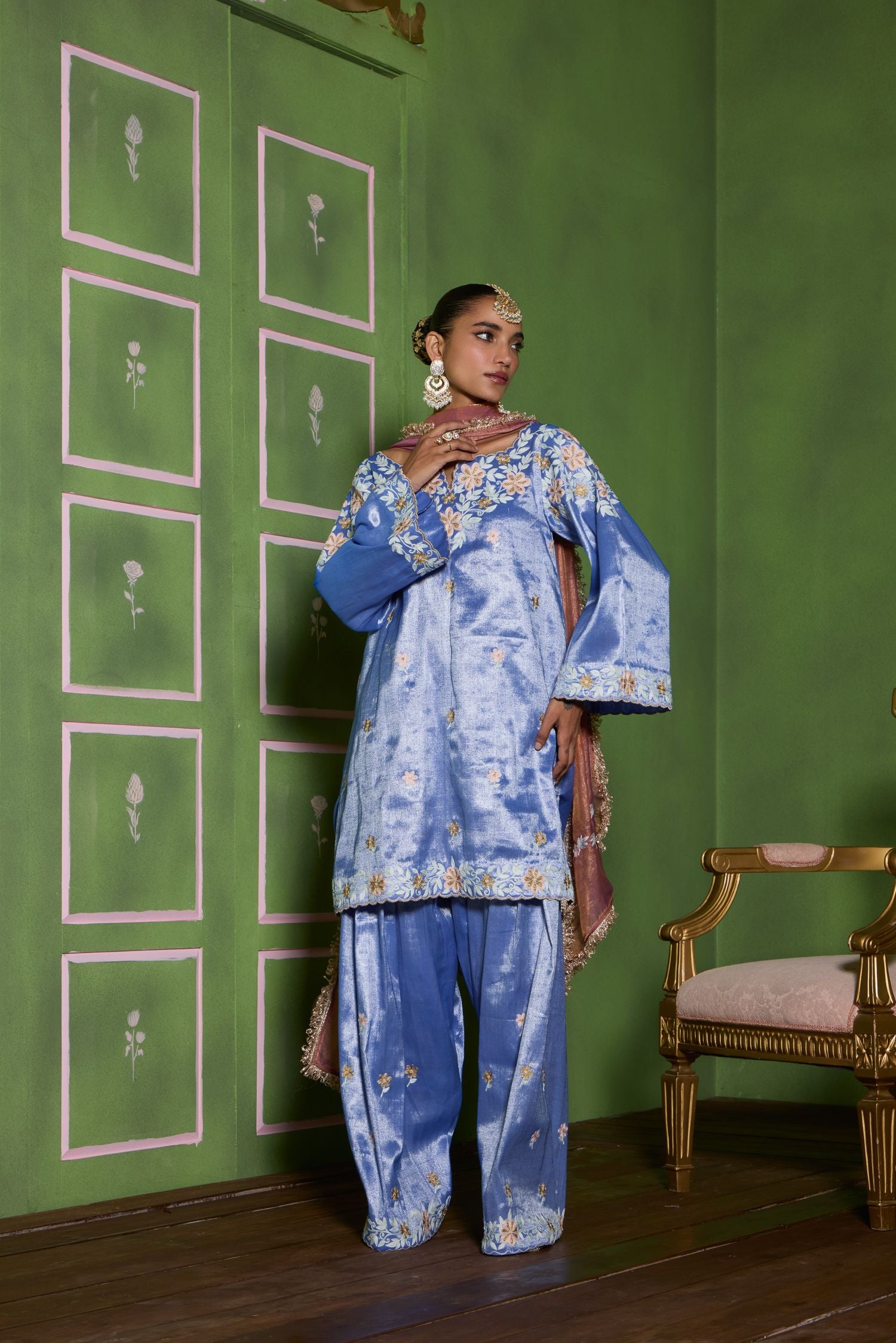 Blue Aari Tilla Embroidered Tissue Short Pheran Set with Farshi Salwar & Embroidered Tissue Dupatta