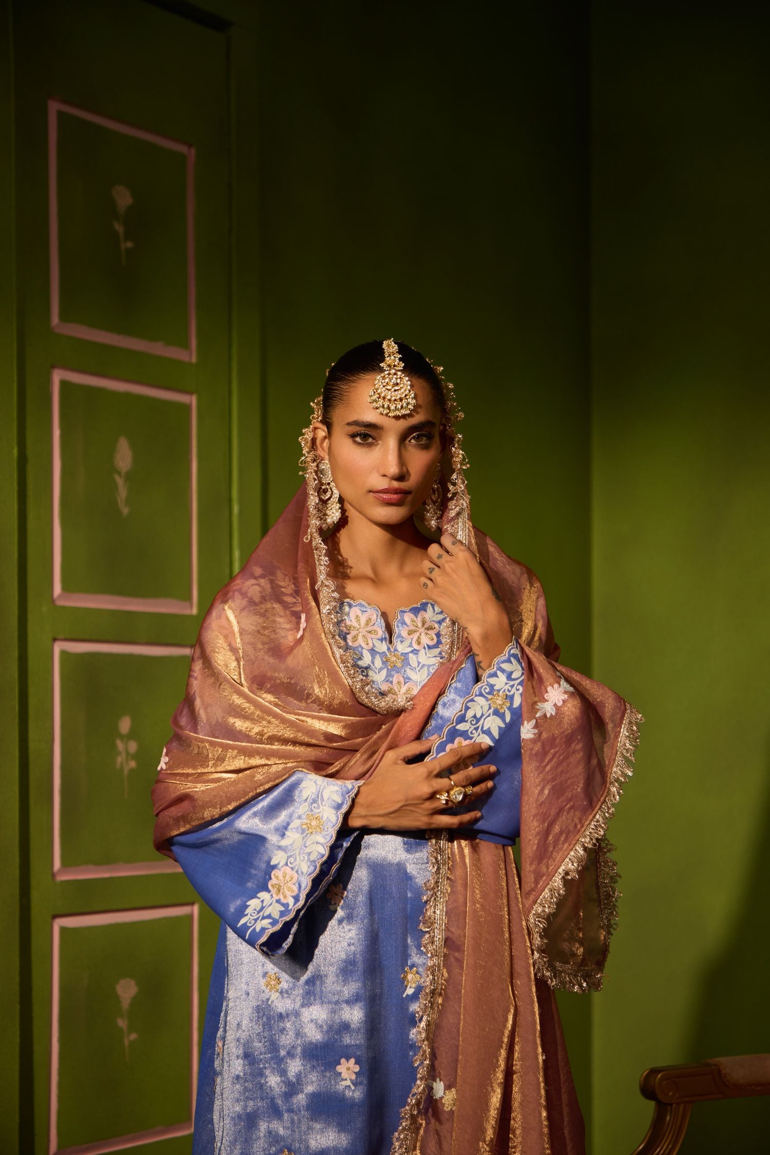 Blue Aari Tilla Embroidered Tissue Short Pheran Set with Farshi Salwar & Embroidered Tissue Dupatta