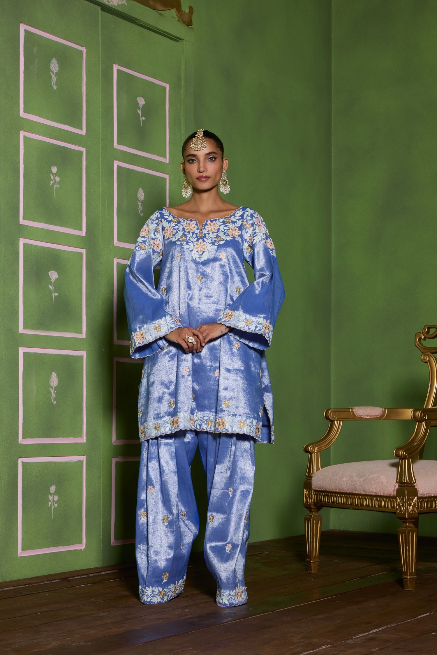 Blue Aari Tilla Embroidered Tissue Short Pheran Set with Farshi Salwar & Embroidered Tissue Dupatta