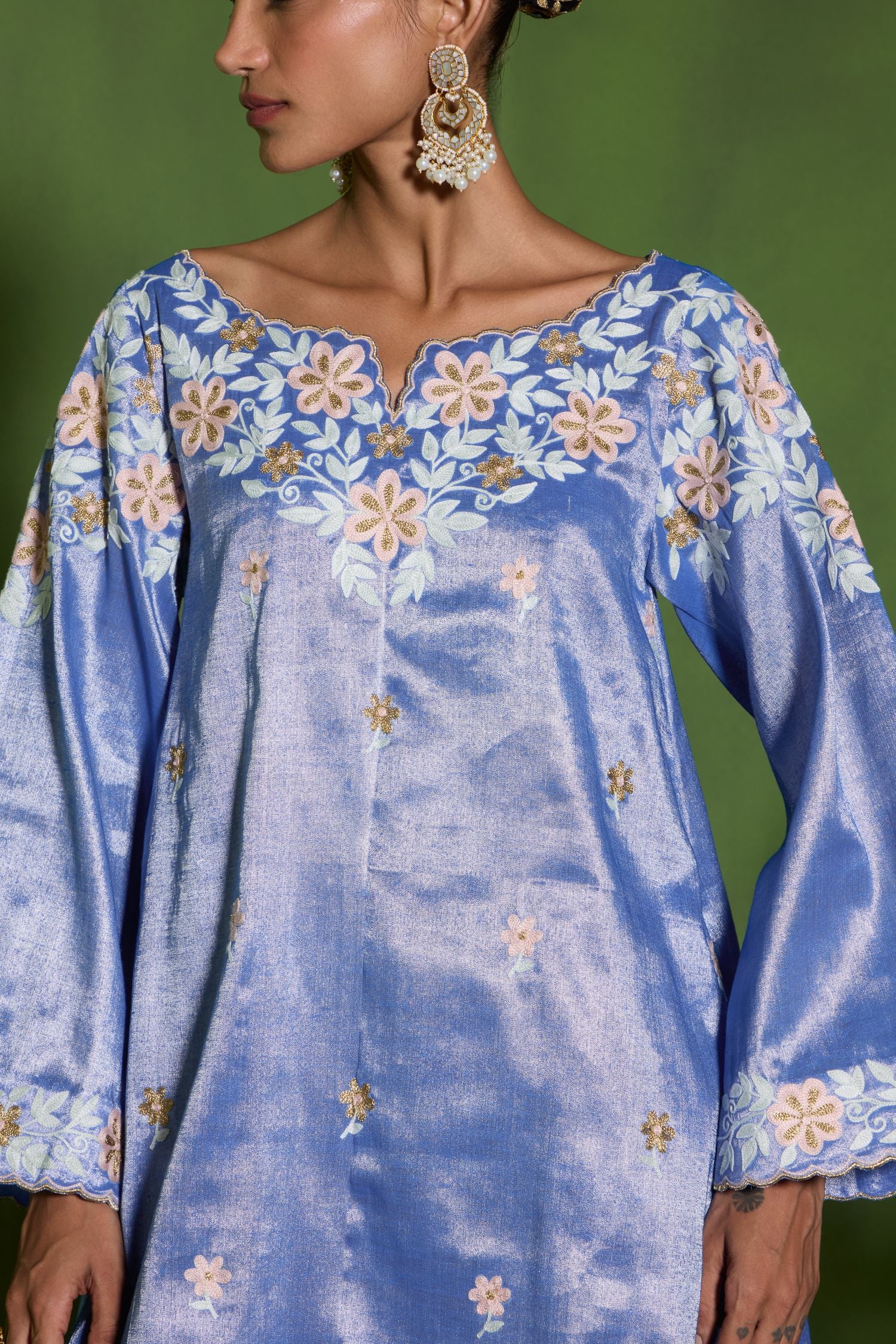 Blue Aari Tilla Embroidered Tissue Short Pheran Set with Farshi Salwar & Embroidered Tissue Dupatta