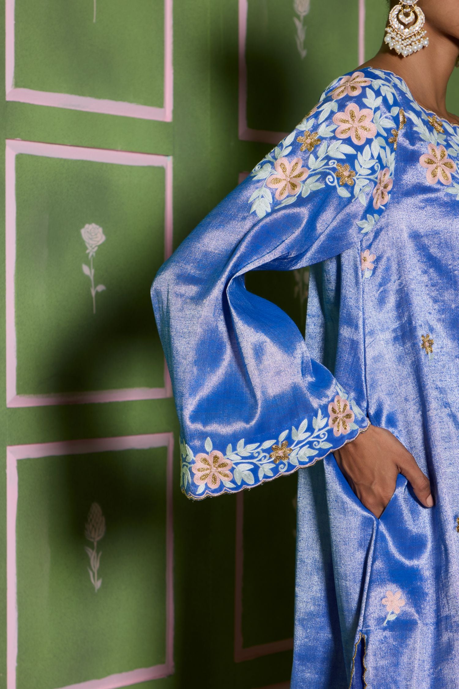 Blue Aari Tilla Embroidered Tissue Short Pheran Set with Farshi Salwar & Embroidered Tissue Dupatta