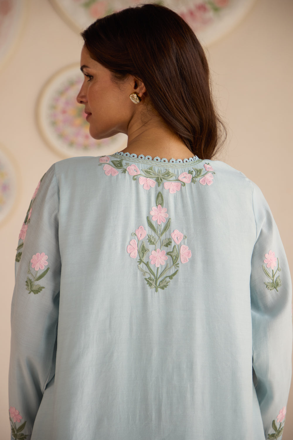 Fiza Soft Blue Aari Kurta Set with Chiffon Fringe Dupatta & Flare Pants