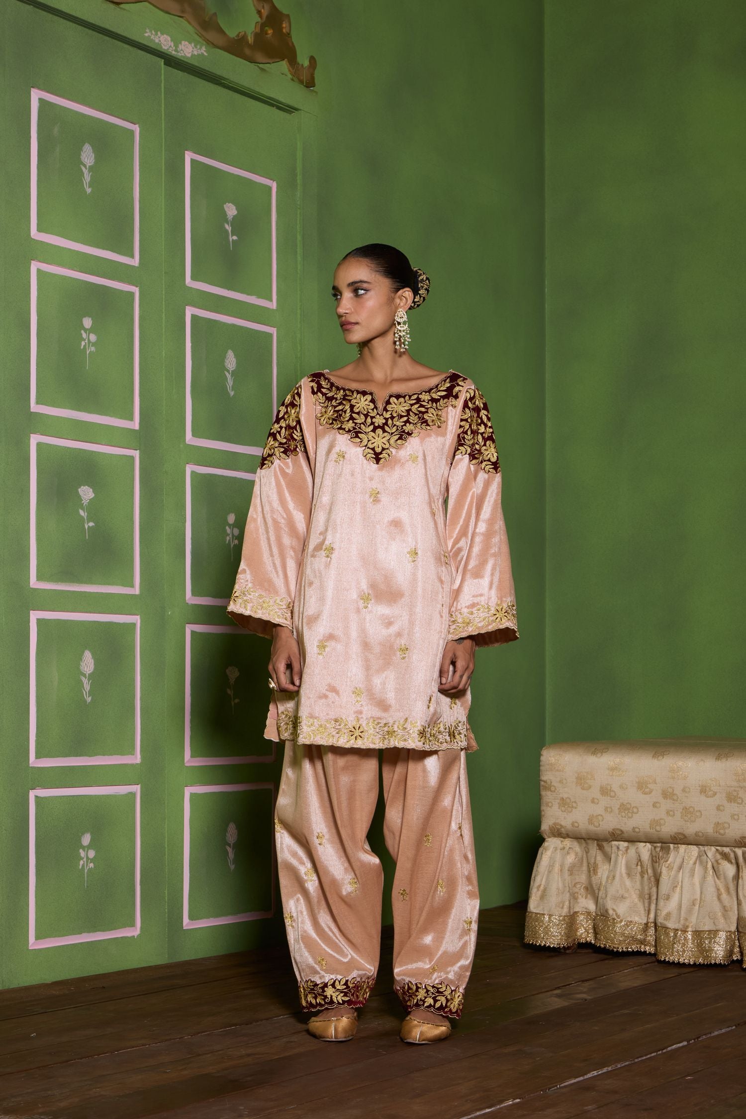 Champagne Pink Tilla Embroidered Velvet Patch Short Pheran Set with Salwar Pants & Tissue Embroidered Dupatta