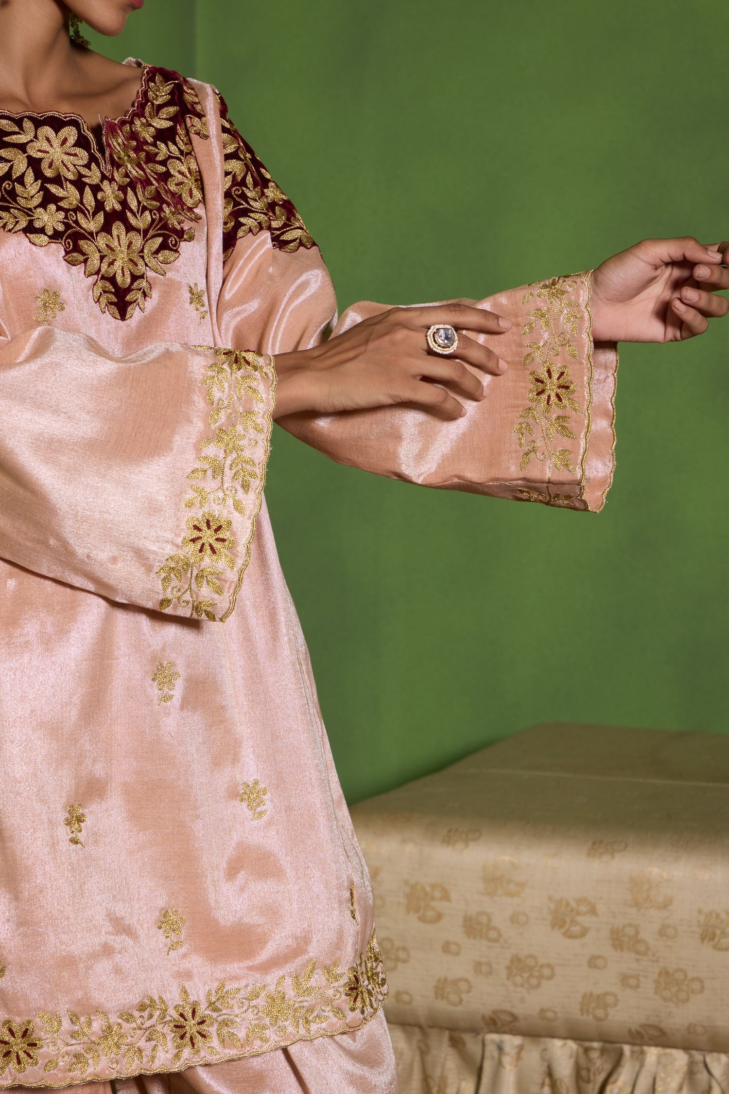 Champagne Pink Tilla Embroidered Velvet Patch Short Pheran Set with Salwar Pants & Tissue Embroidered Dupatta