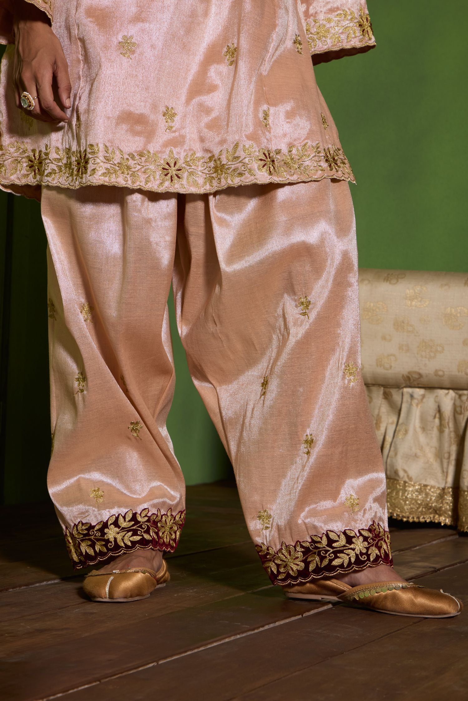 Champagne Pink Tilla Embroidered Velvet Patch Short Pheran Set with Salwar Pants & Tissue Embroidered Dupatta