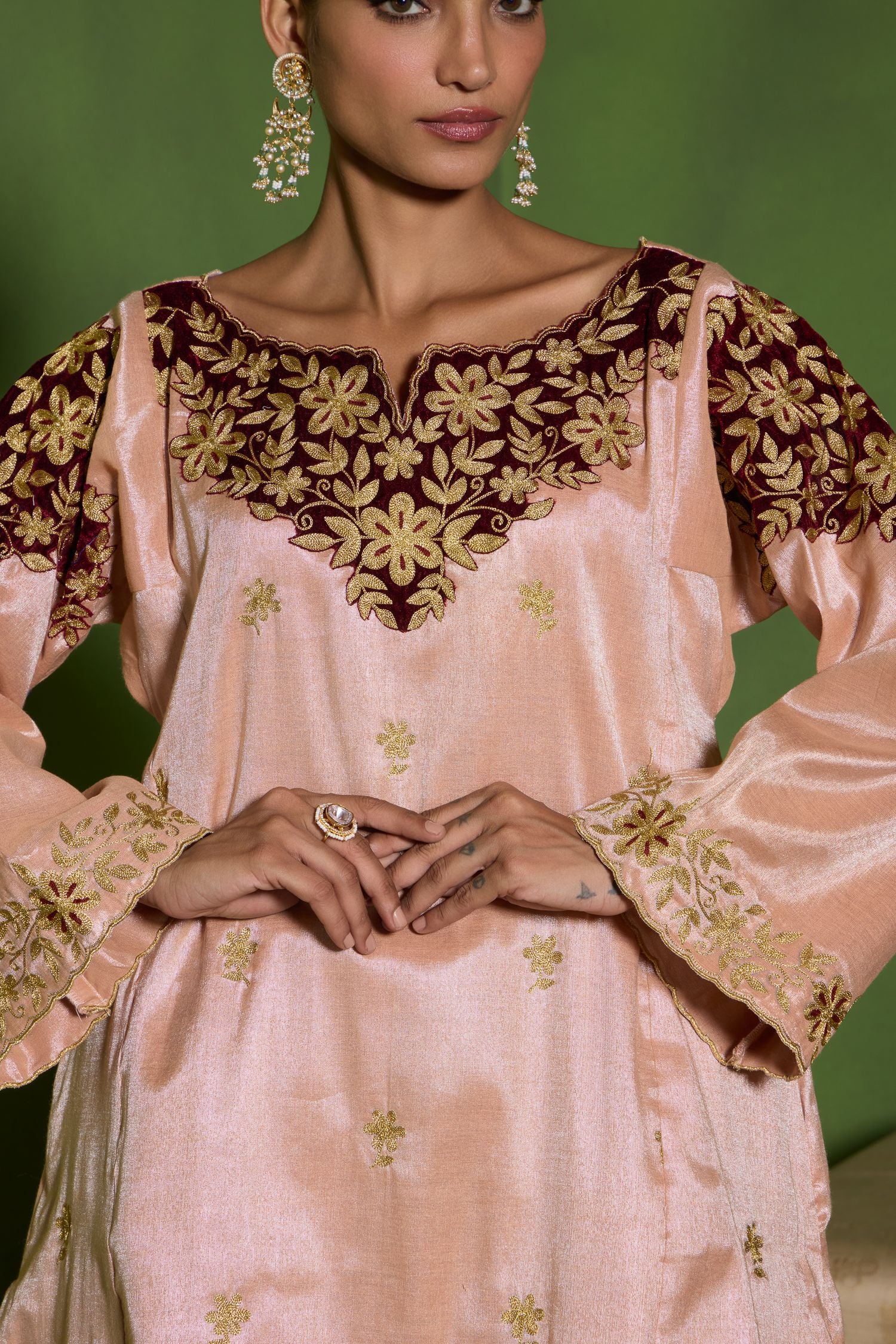 Champagne Pink Tilla Embroidered Velvet Patch Short Pheran Set with Salwar Pants & Tissue Embroidered Dupatta