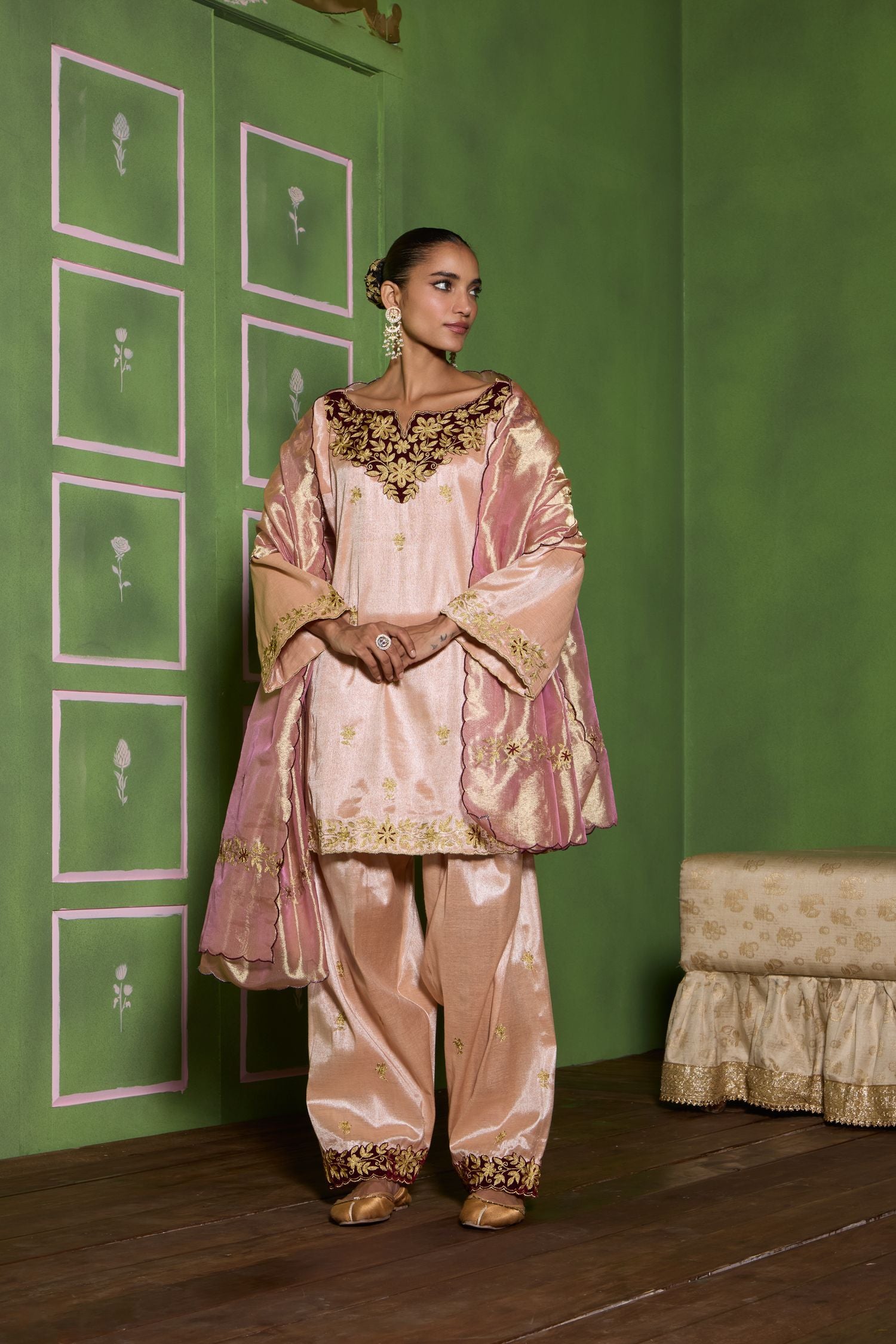 Champagne Pink Tilla Embroidered Velvet Patch Short Pheran Set with Salwar Pants & Tissue Embroidered Dupatta