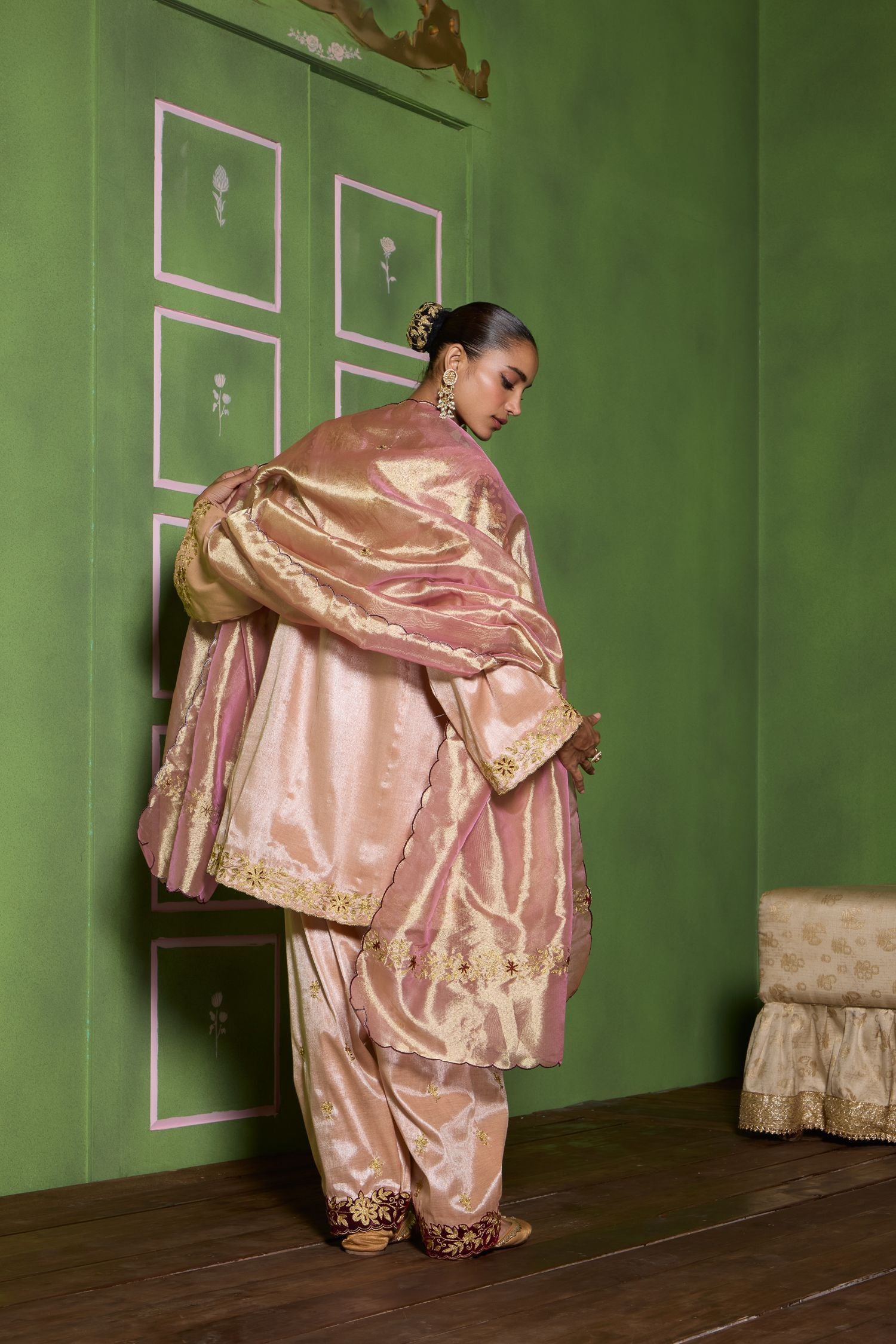 Champagne Pink Tilla Embroidered Velvet Patch Short Pheran Set with Salwar Pants & Tissue Embroidered Dupatta