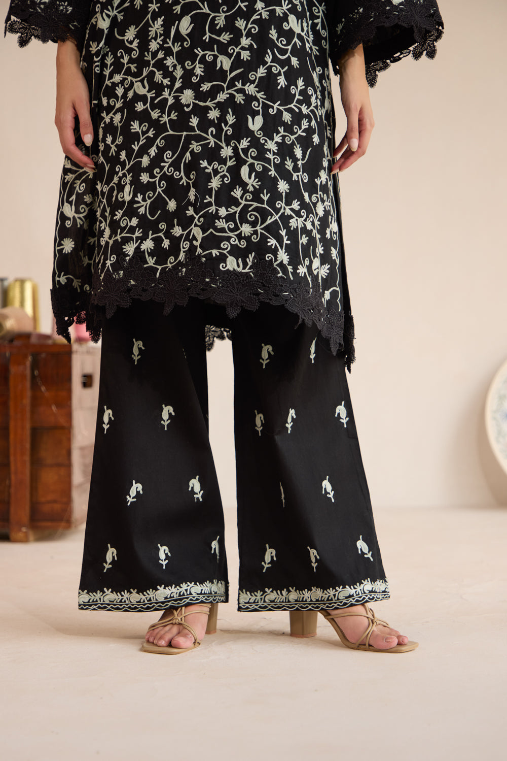 Shabnam Black Cotton Kurta Set with Flared Pants & Chiffon Dupatta