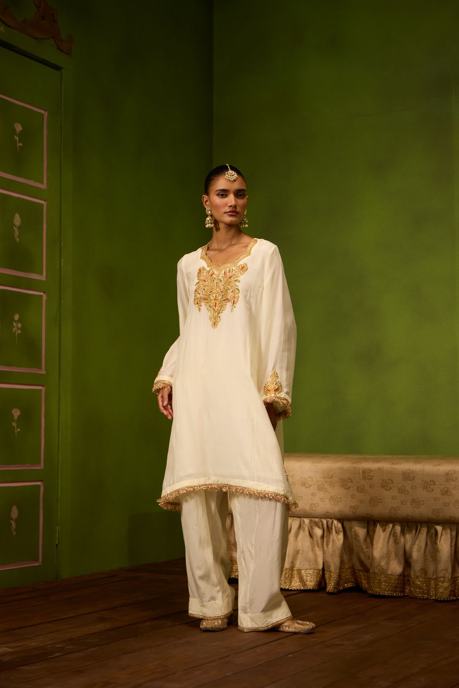 Ivory Tilla Embroidered Silk Kurta Set with Farshi Salwar & Shimmer Tissue Dupatta