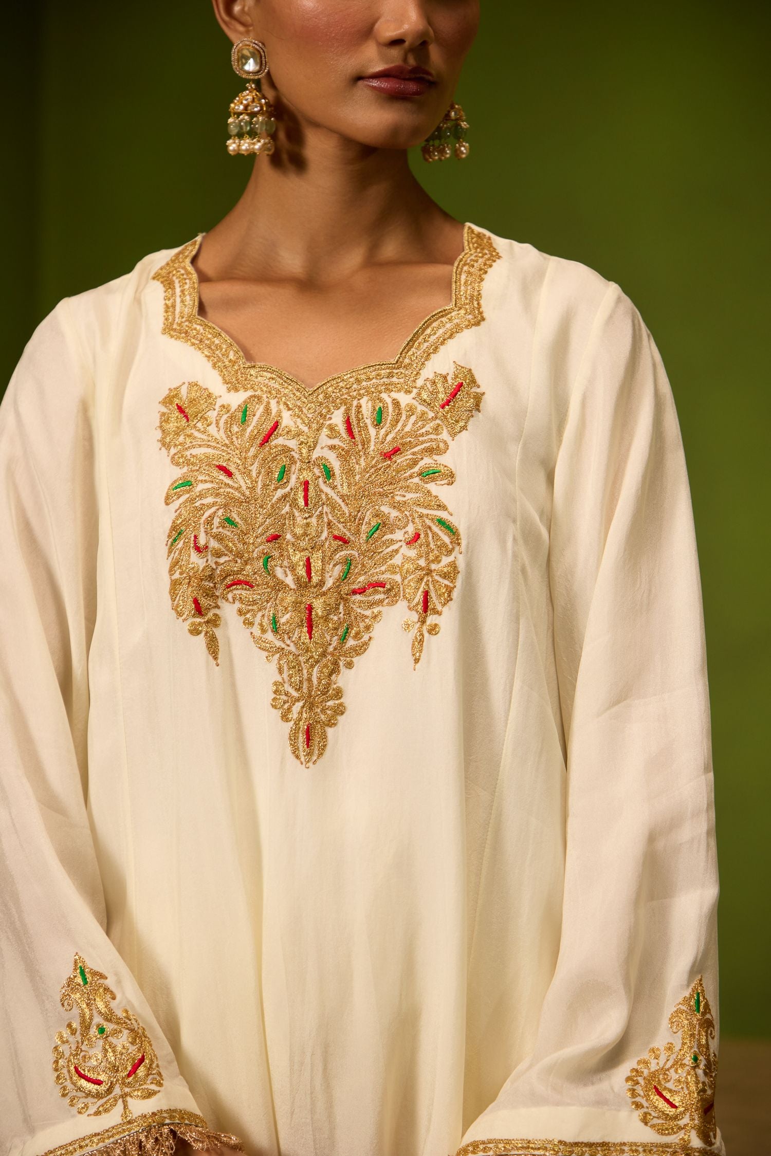 Ivory Tilla Embroidered Silk Kurta Set with Farshi Salwar & Shimmer Tissue Dupatta