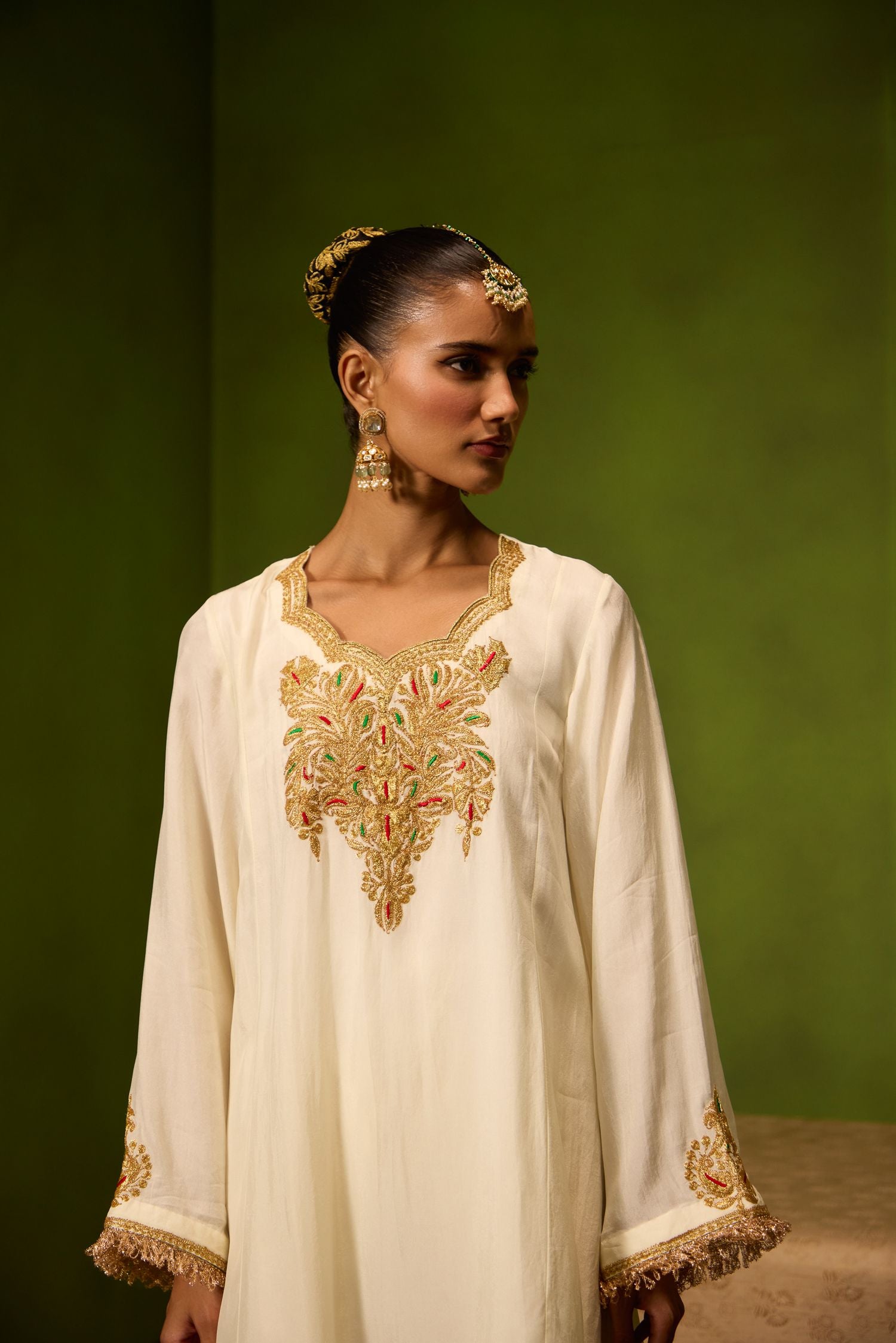 Ivory Tilla Embroidered Silk Kurta Set with Farshi Salwar & Shimmer Tissue Dupatta