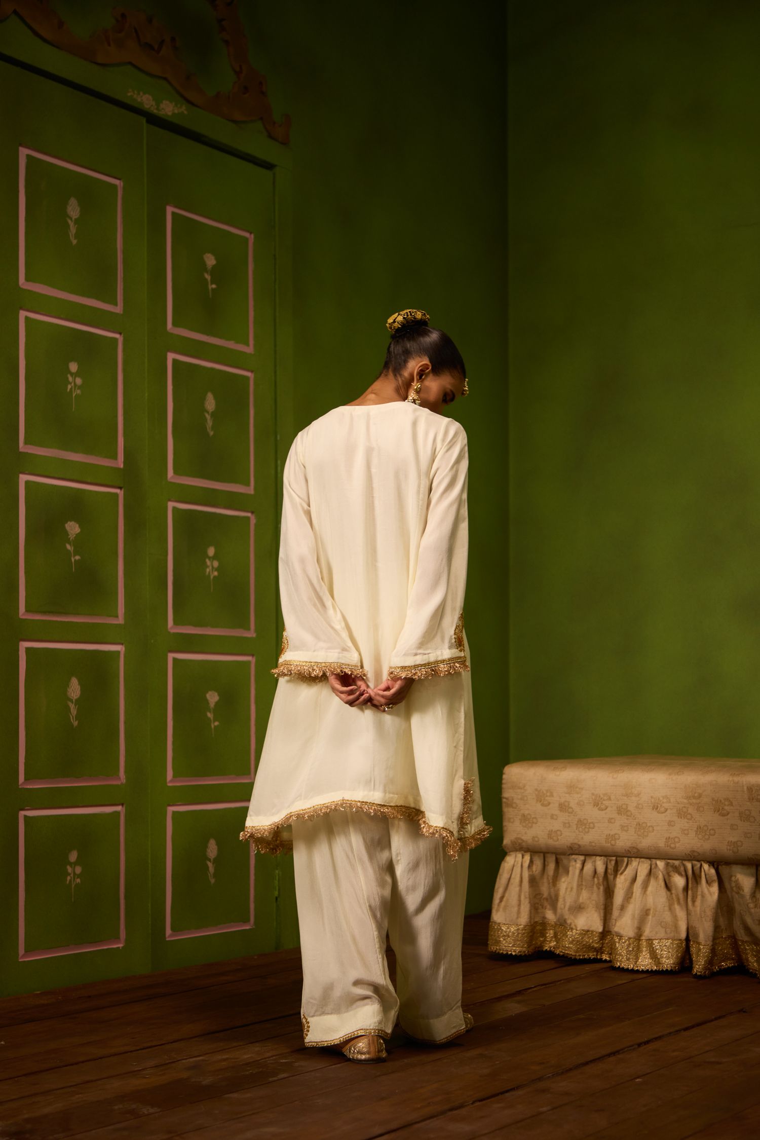 Ivory Tilla Embroidered Silk Kurta Set with Farshi Salwar & Shimmer Tissue Dupatta