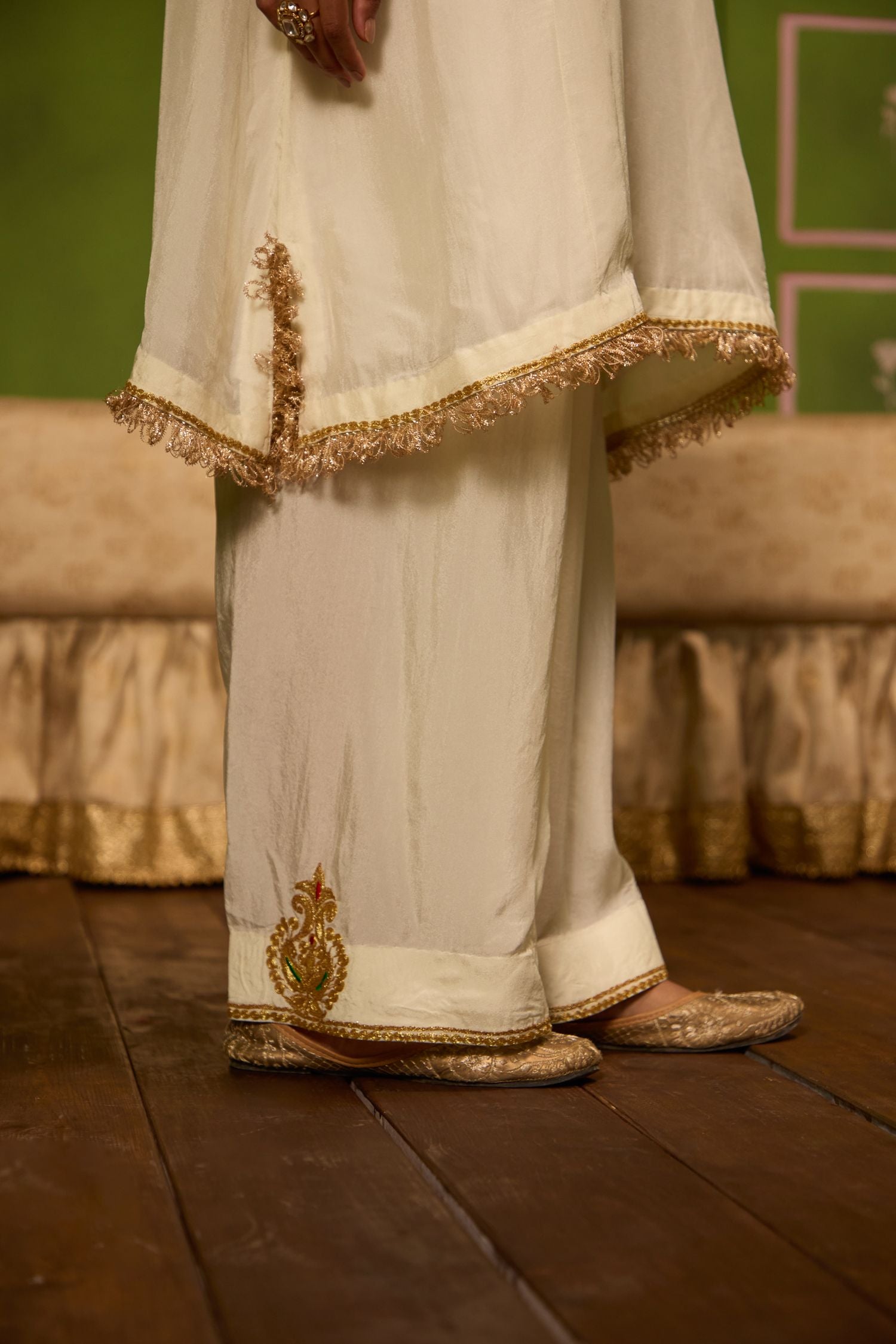 Ivory Tilla Embroidered Silk Kurta Set with Farshi Salwar & Shimmer Tissue Dupatta