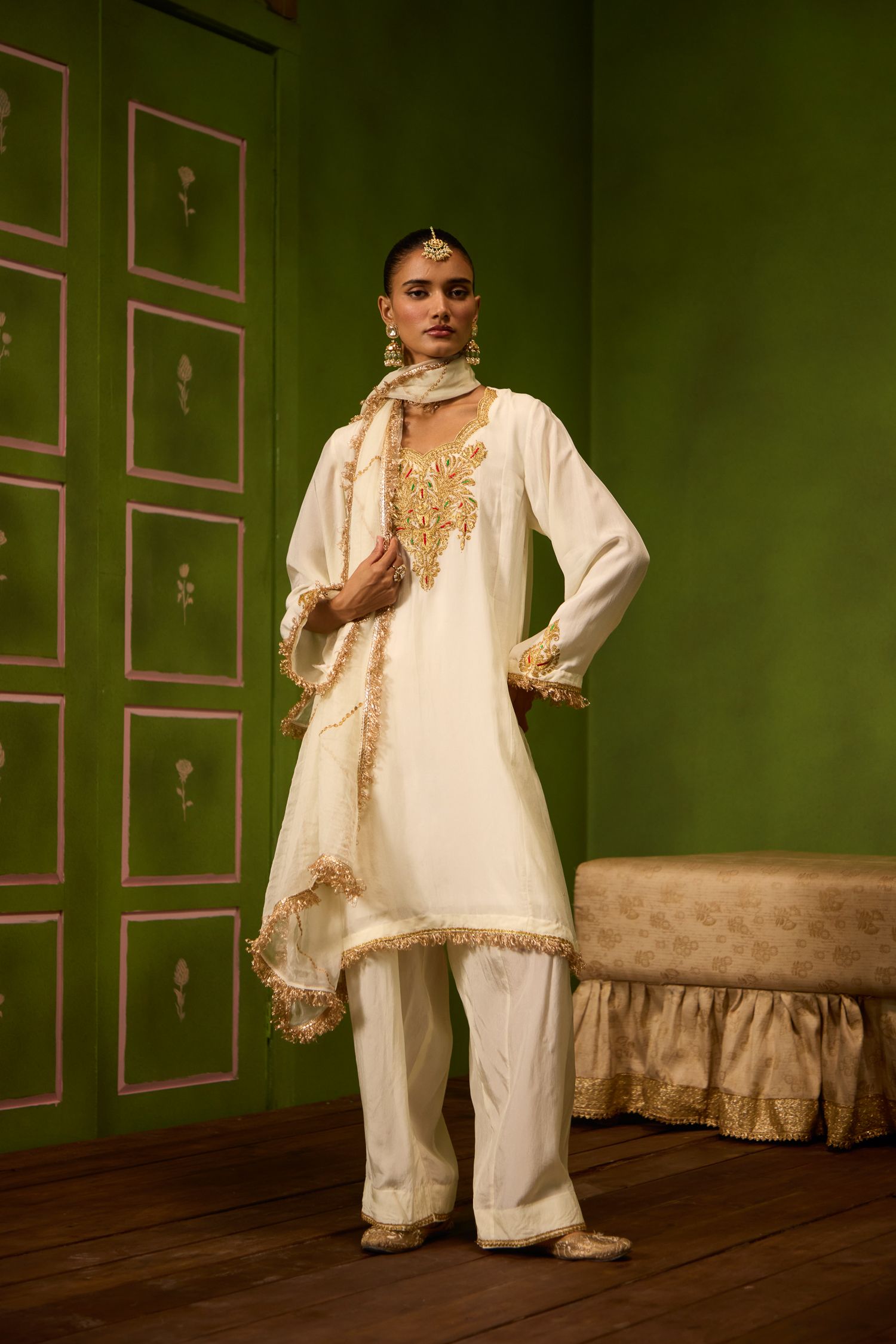 Ivory Tilla Embroidered Silk Kurta Set with Farshi Salwar & Shimmer Tissue Dupatta