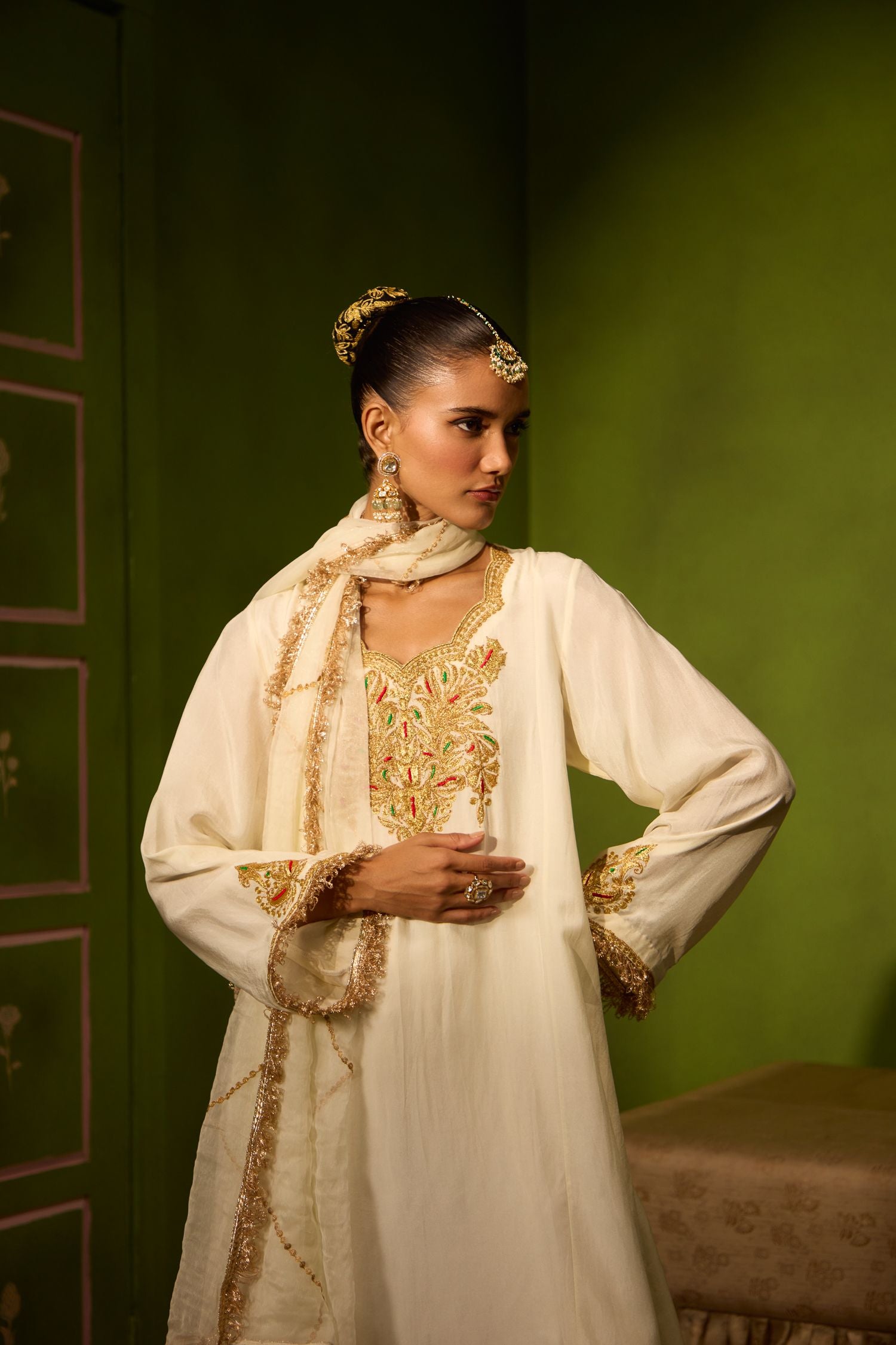 Ivory Tilla Embroidered Silk Kurta Set with Farshi Salwar & Shimmer Tissue Dupatta