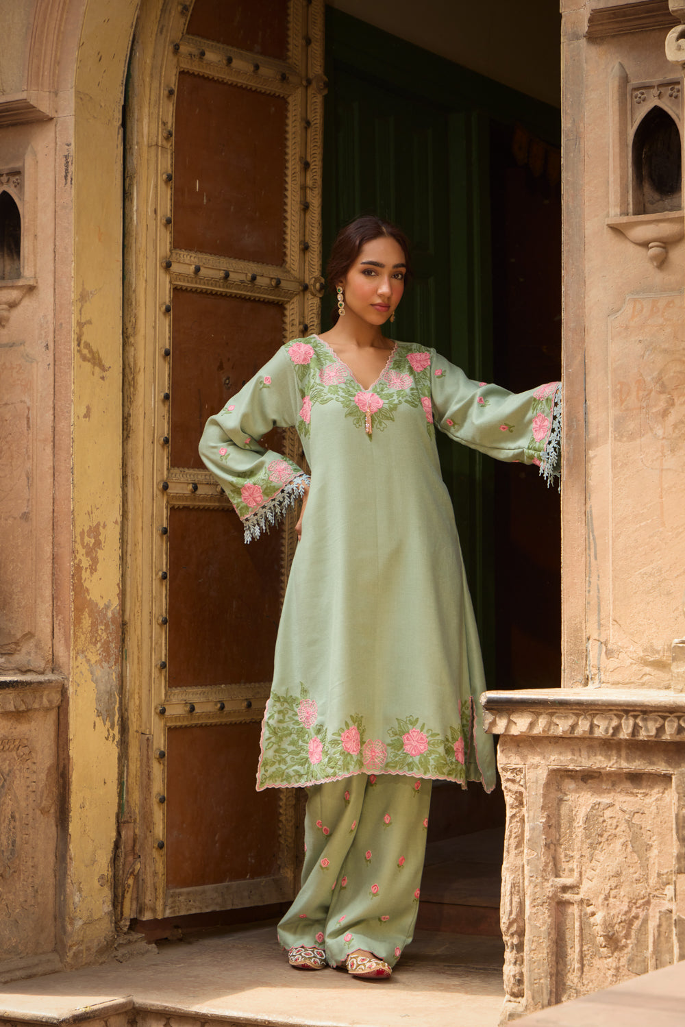 Naughar Sage Green Pashmina Wool Kurta Set With Booti Embroidered Flared Pants