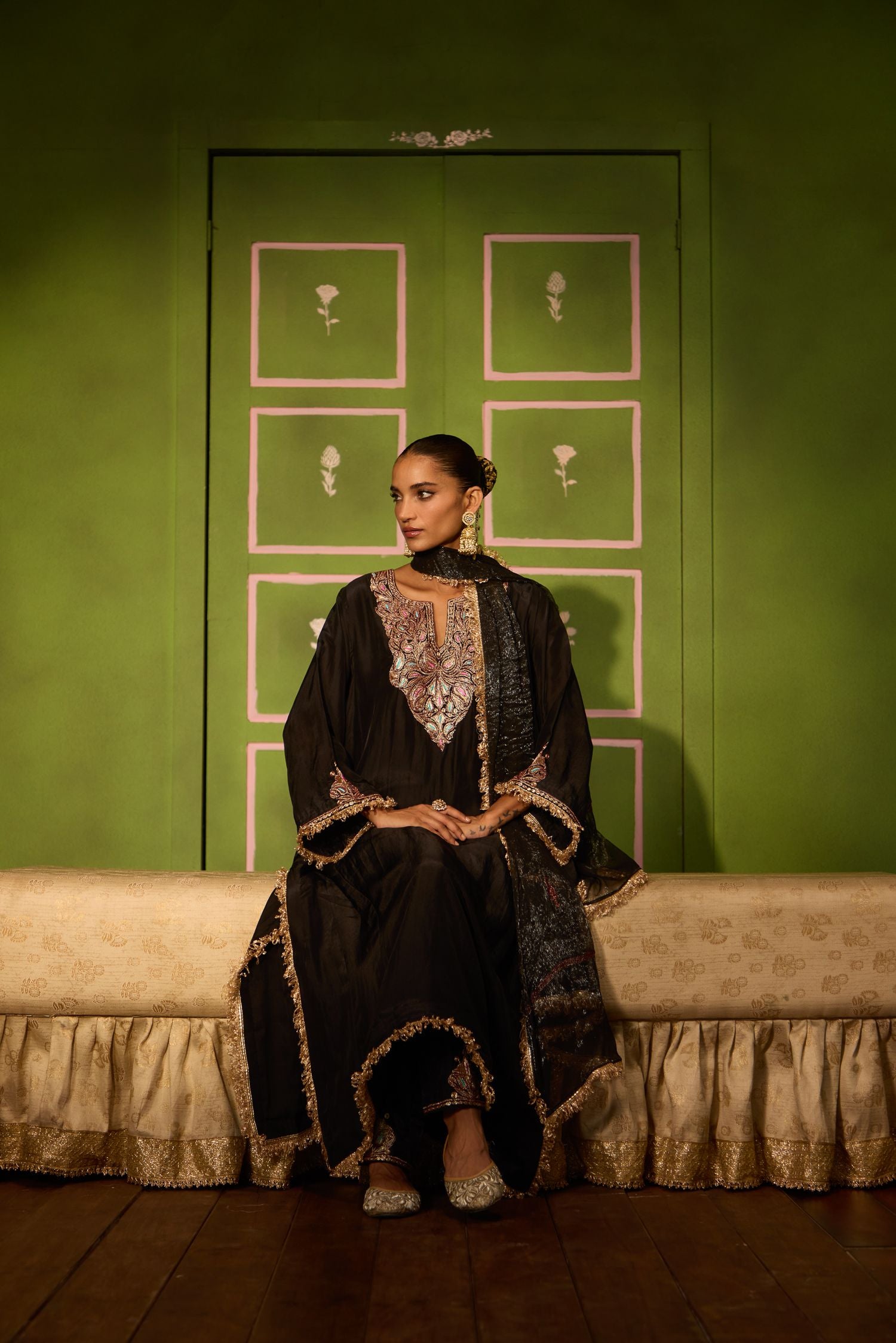 Black Tilla Embroidered Silk Pheran Set with Cigarette Pants & Shimmer Tissue Dupatta