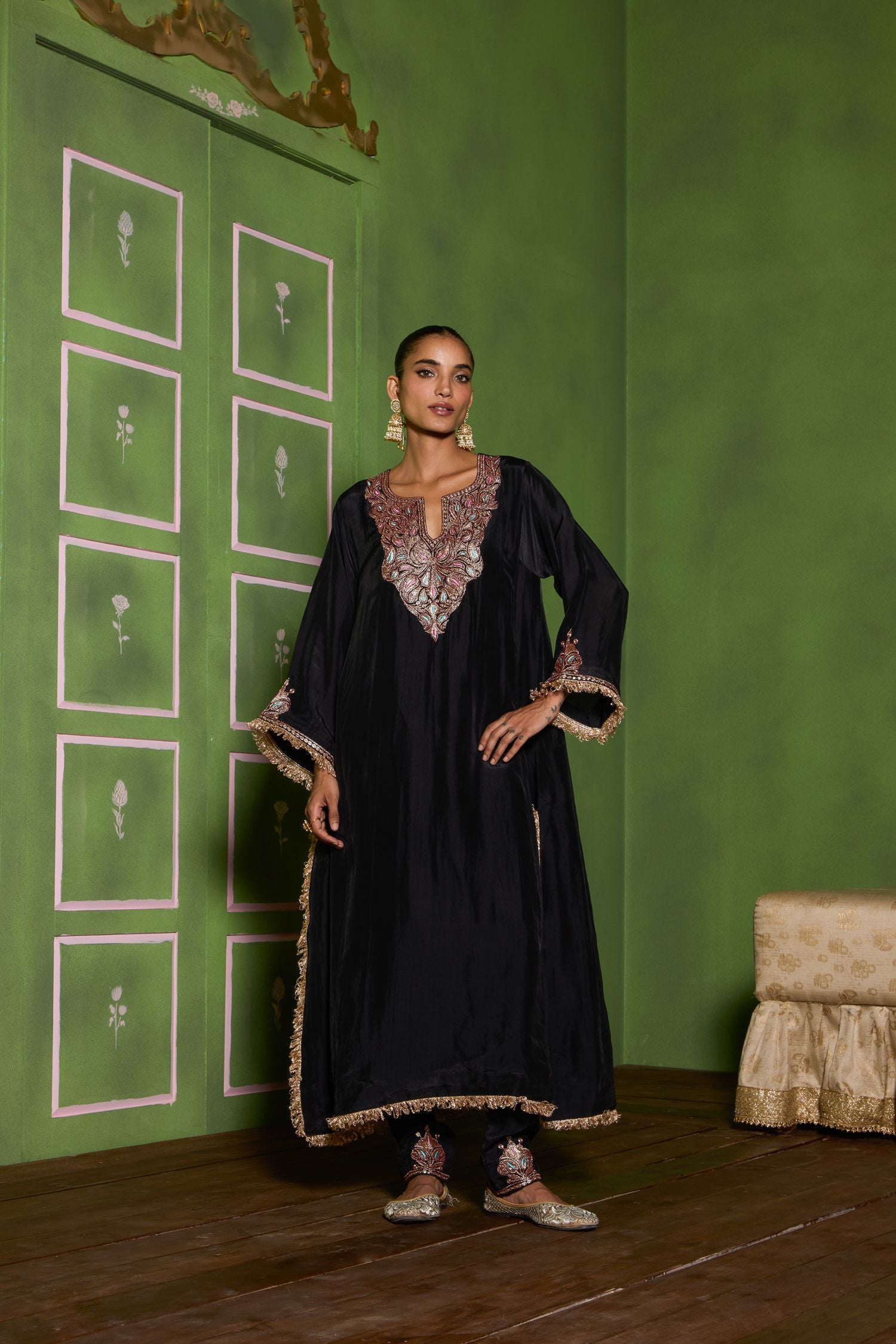 Black Tilla Embroidered Silk Pheran Set with Cigarette Pants & Shimmer Tissue Dupatta