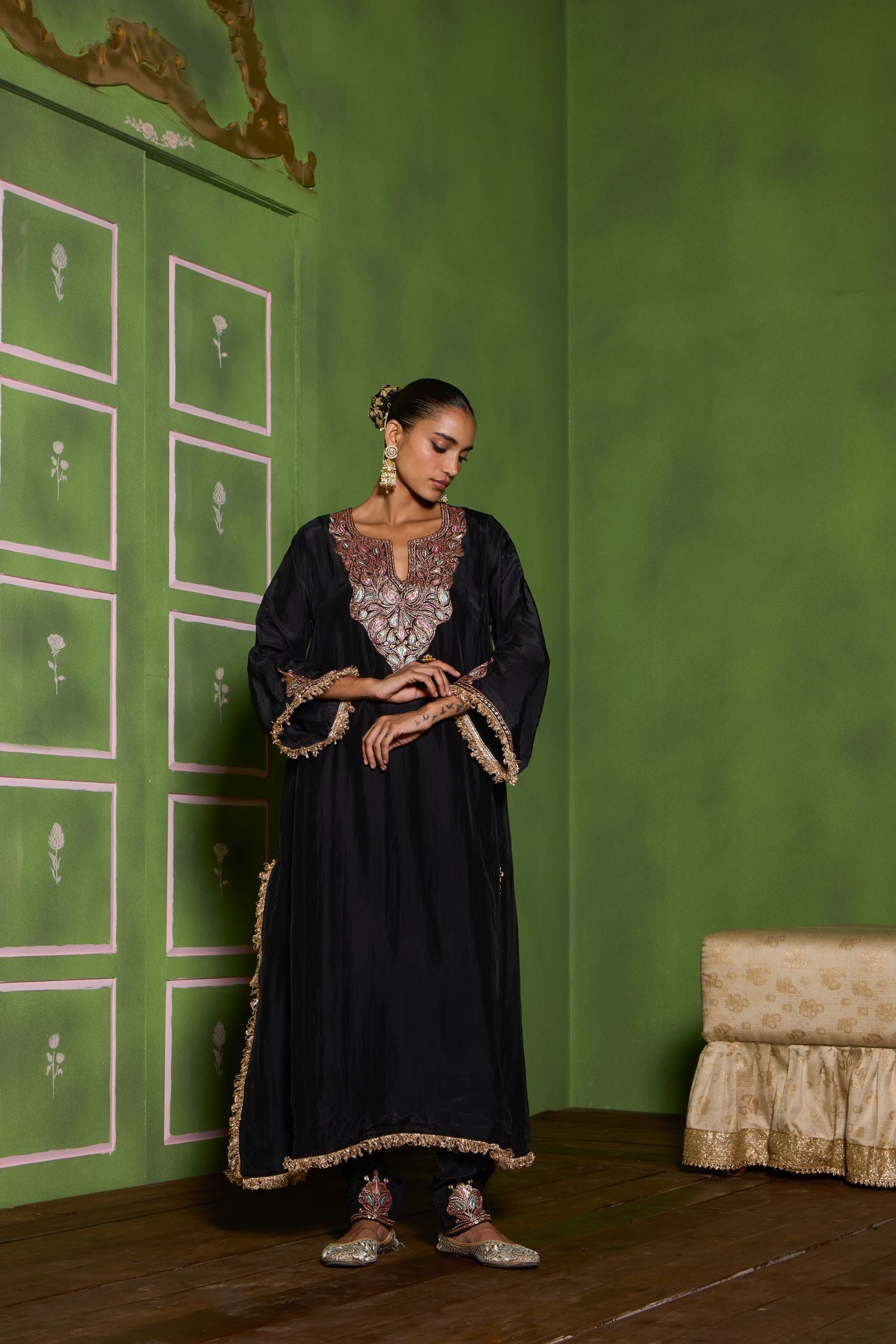 Black Tilla Embroidered Silk Pheran Set with Cigarette Pants & Shimmer Tissue Dupatta
