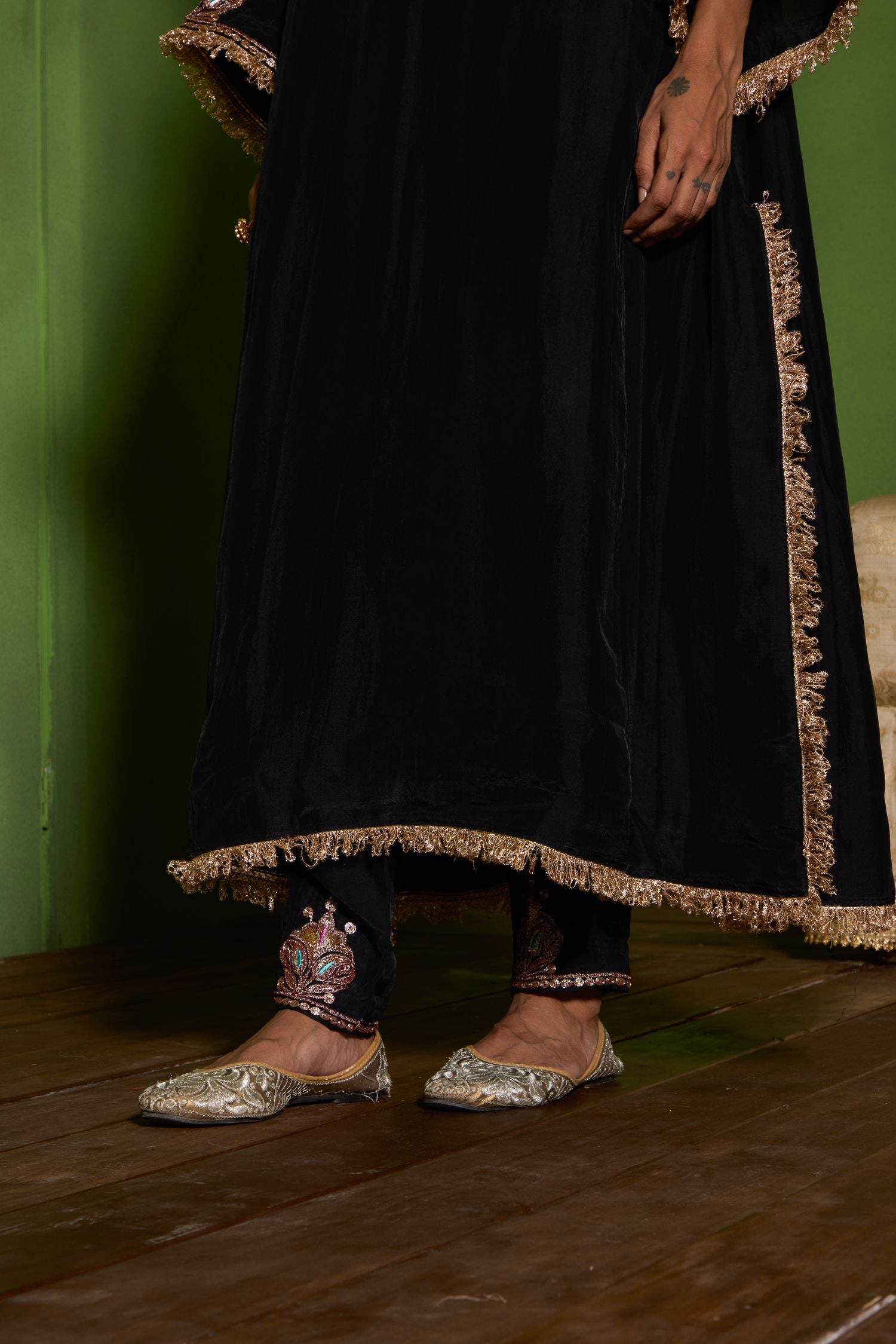 Black Tilla Embroidered Silk Pheran Set with Cigarette Pants & Shimmer Tissue Dupatta