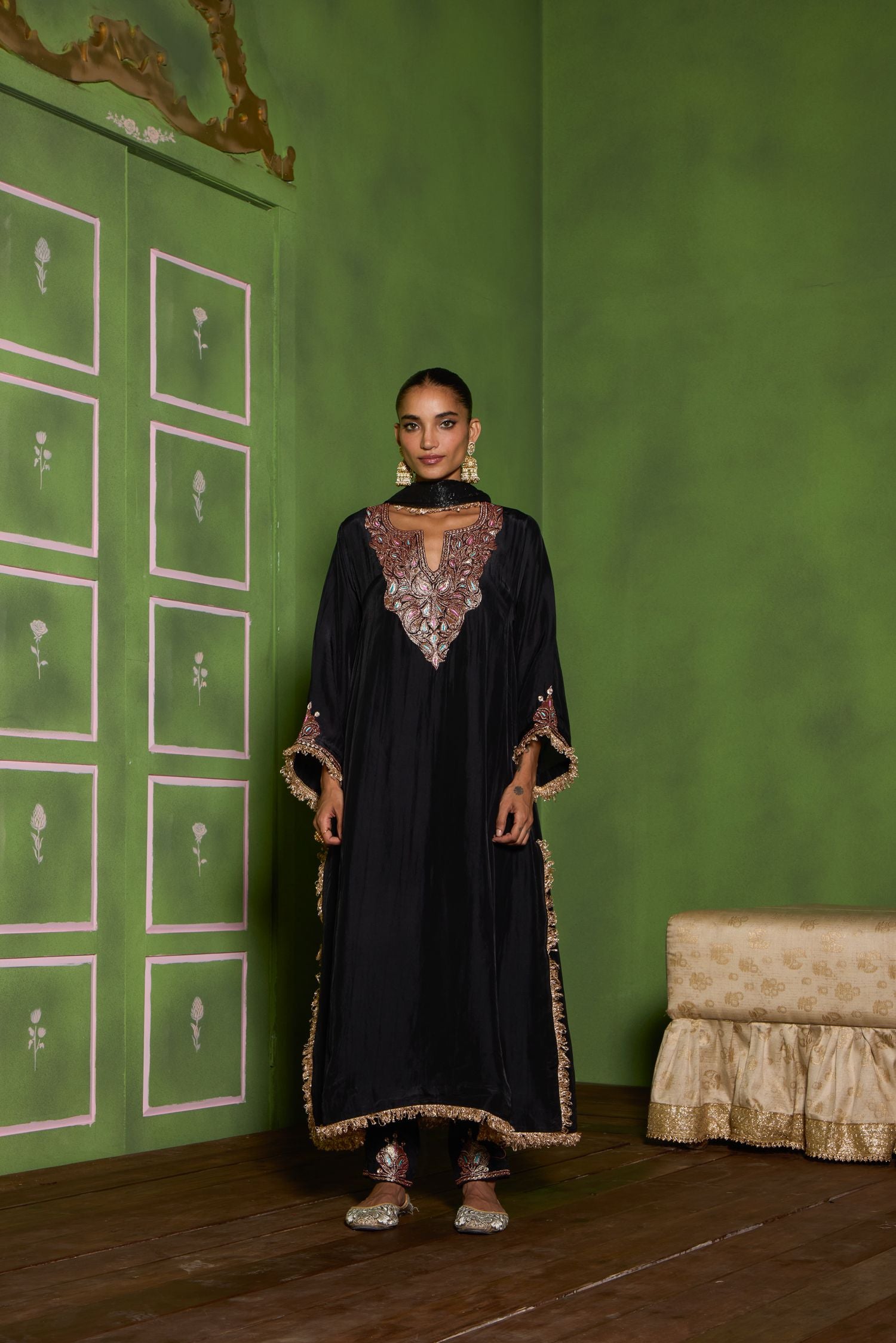 Black Tilla Embroidered Silk Pheran Set with Cigarette Pants & Shimmer Tissue Dupatta