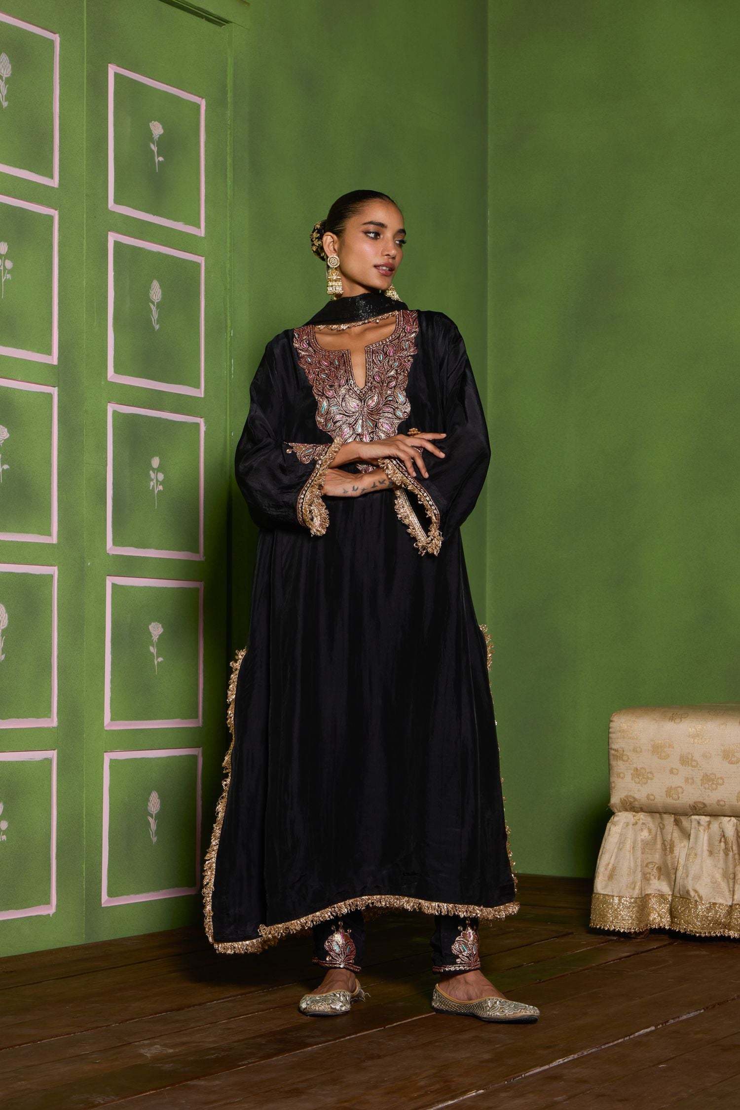 Black Tilla Embroidered Silk Pheran Set with Cigarette Pants & Shimmer Tissue Dupatta