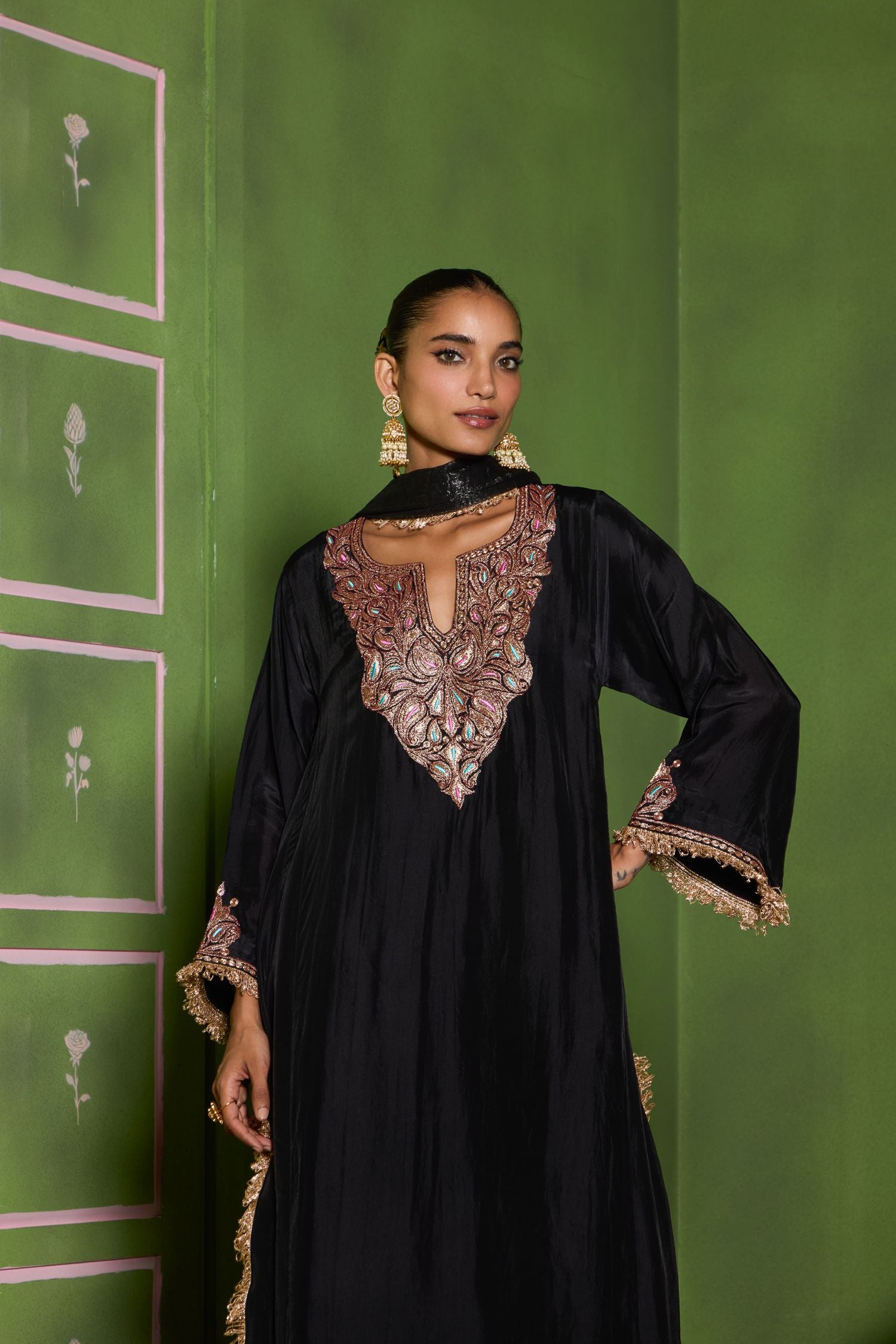 Black Tilla Embroidered Silk Pheran Set with Cigarette Pants & Shimmer Tissue Dupatta