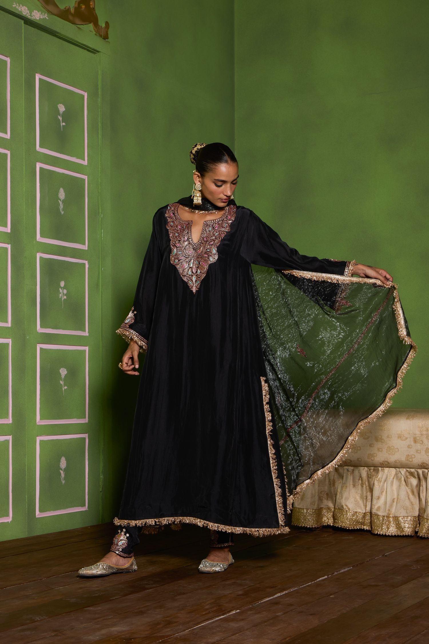 Black Tilla Embroidered Silk Pheran Set with Cigarette Pants & Shimmer Tissue Dupatta