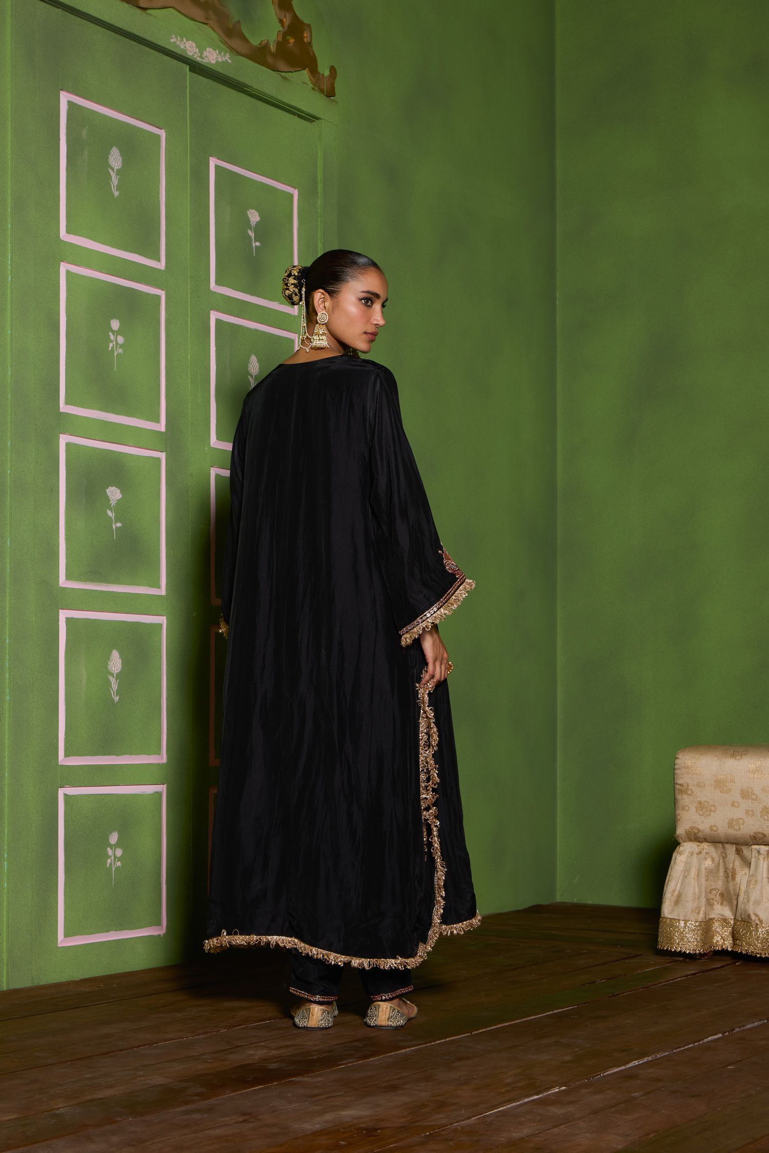 Black Tilla Embroidered Silk Pheran Set with Cigarette Pants & Shimmer Tissue Dupatta