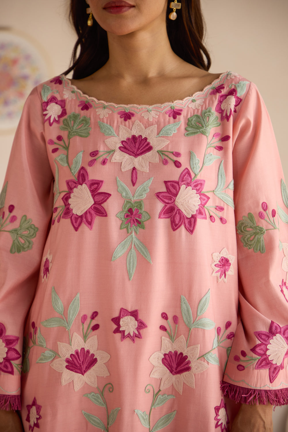 Gulaab Pink Aari Cotton Pheran Set with Chiffon Dupatta & Straight Pants