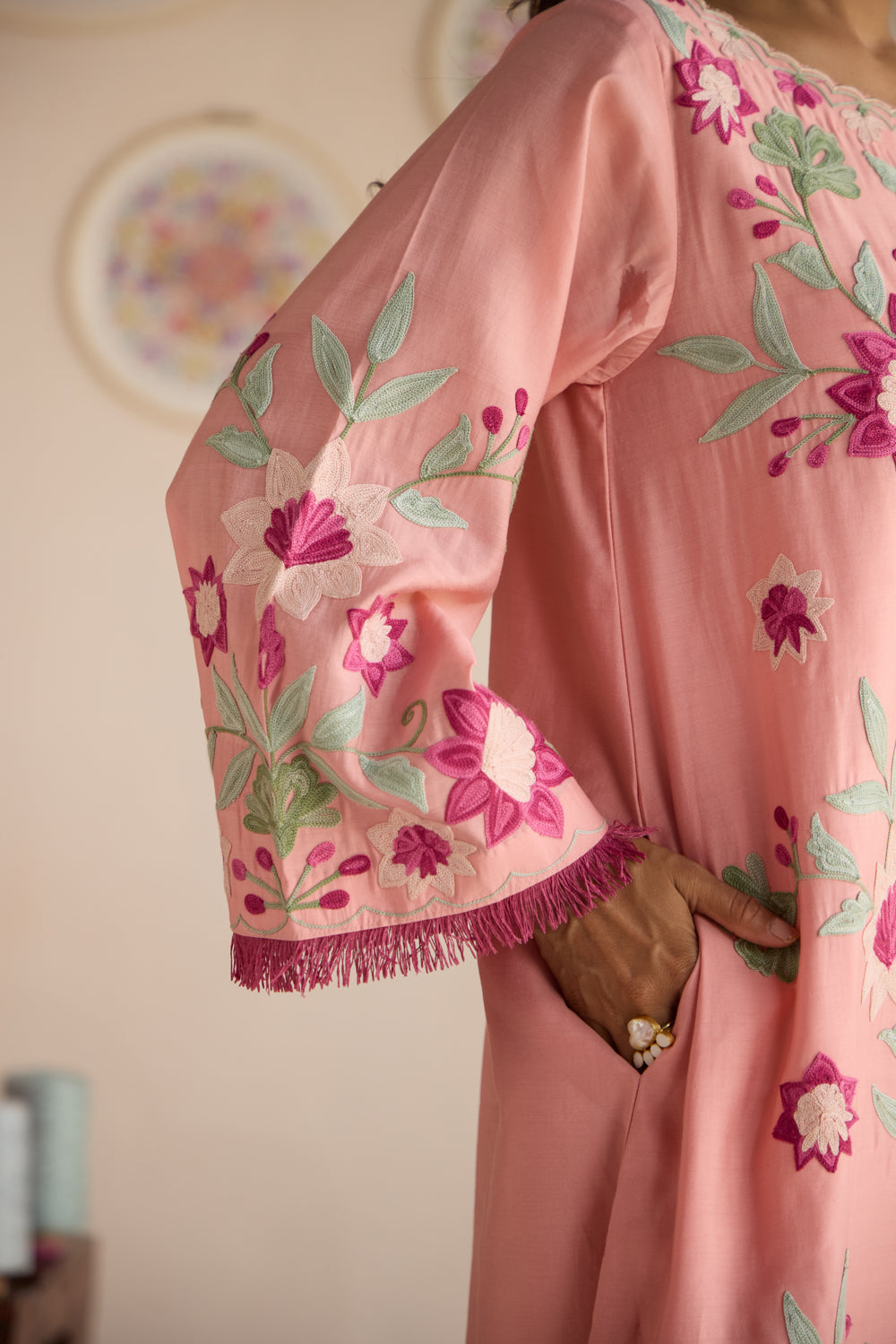 Gulaab Pink Aari Cotton Pheran Set with Chiffon Dupatta & Straight Pants
