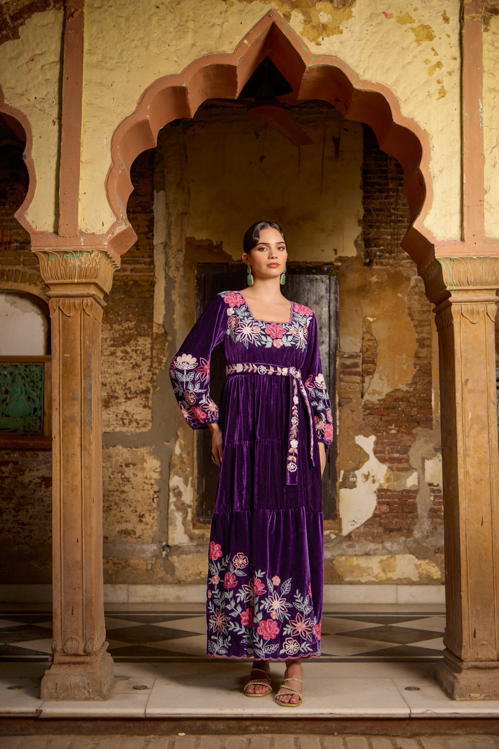 Zeenat Purple Silk Velvet Aari Embroidered Maxi Dress With Belt