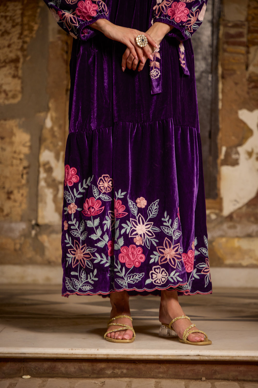 Zeenat Purple Silk Velvet Aari Embroidered Maxi Dress With Belt | Koshur India Zeenat Purple Silk Velvet Aari Embroidered Maxi Dress With Belt | Koshur India