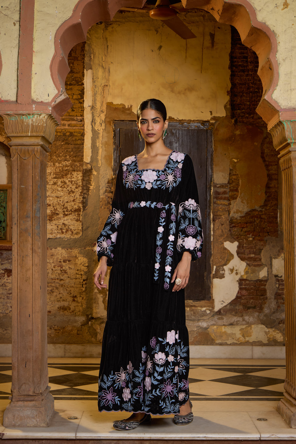 Black Silk Velvet Aari Embroidered Maxi Dress - Koshur India | Koshur India Black Silk Velvet Aari Embroidered Maxi Dress - Koshur India | Koshur India