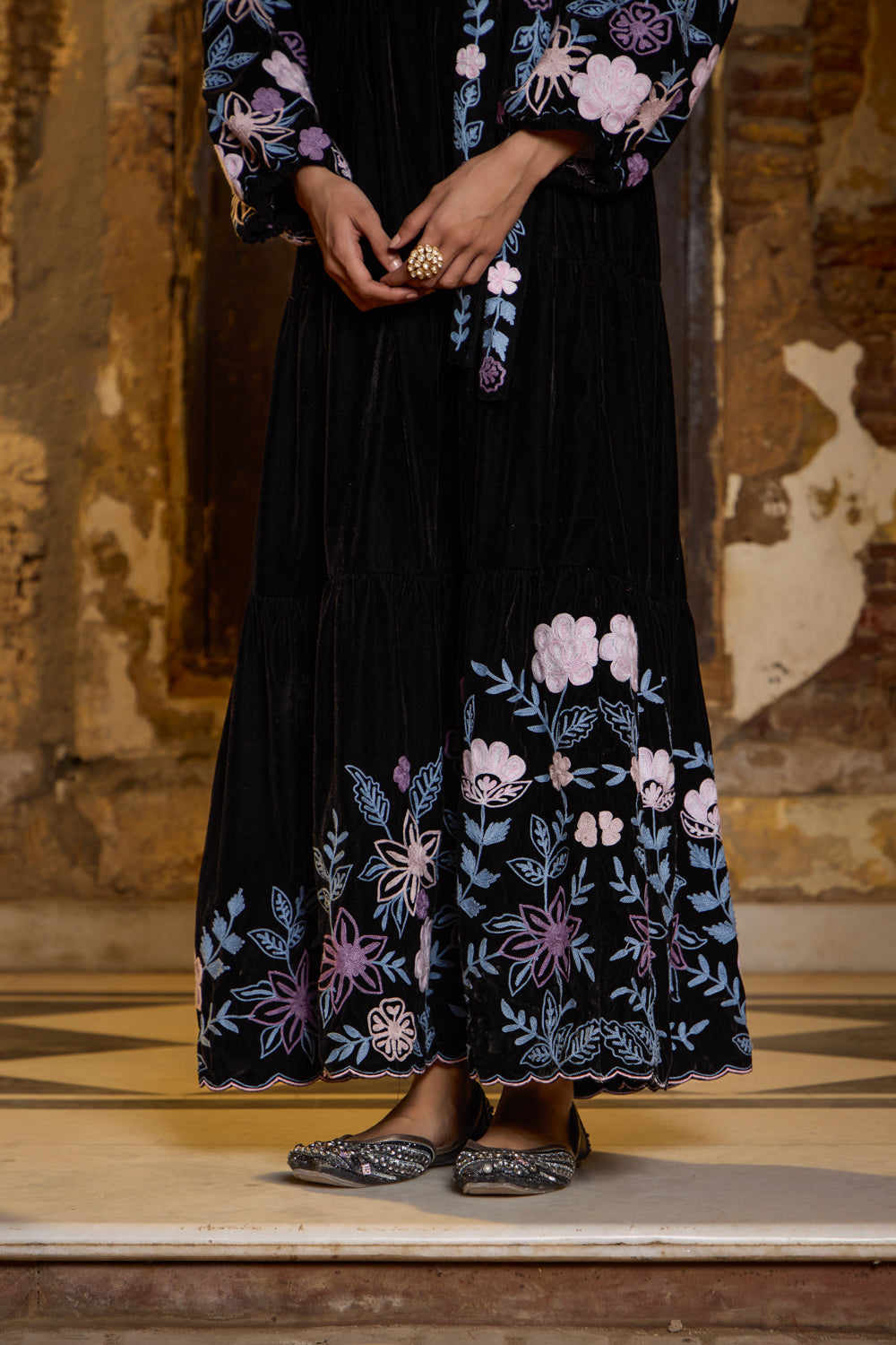Black Silk Velvet Aari Embroidered Maxi Dress - Koshur India