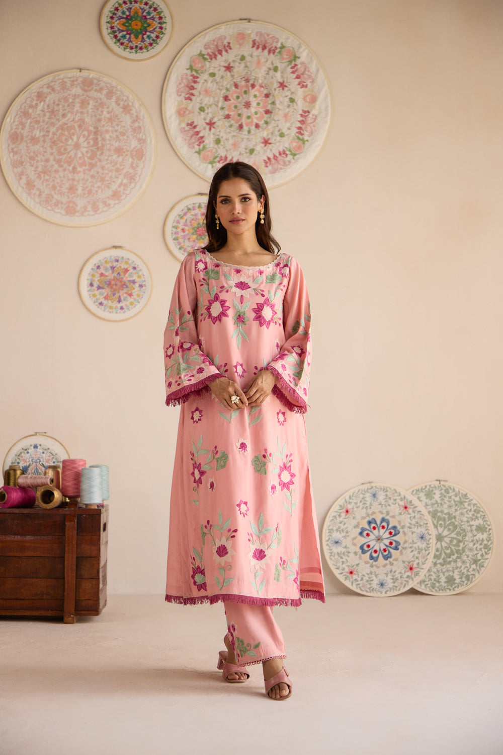 Gulaab Pink Aari Cotton Pheran Set with Chiffon Dupatta & Straight Pants