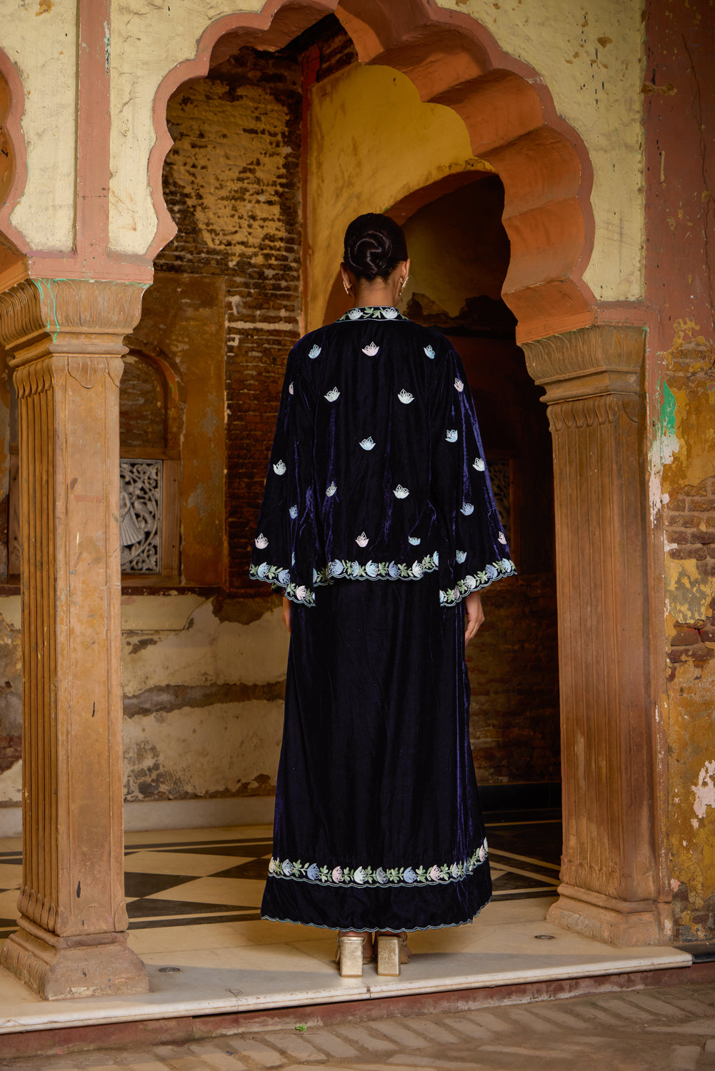 Helen Royal Blue Silk Velvet Maxi Dress With Embroidered Cape