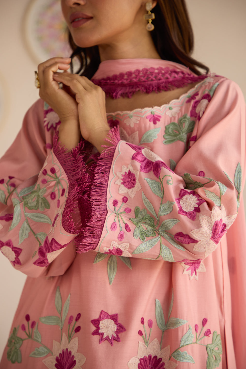 Gulaab Pink Aari Cotton Pheran Set with Chiffon Dupatta & Straight Pants