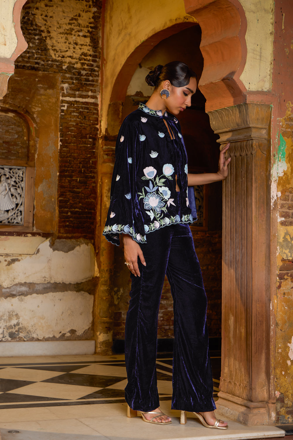 Helen Royal Blue Silk Velvet Cape Set With Flared Pants