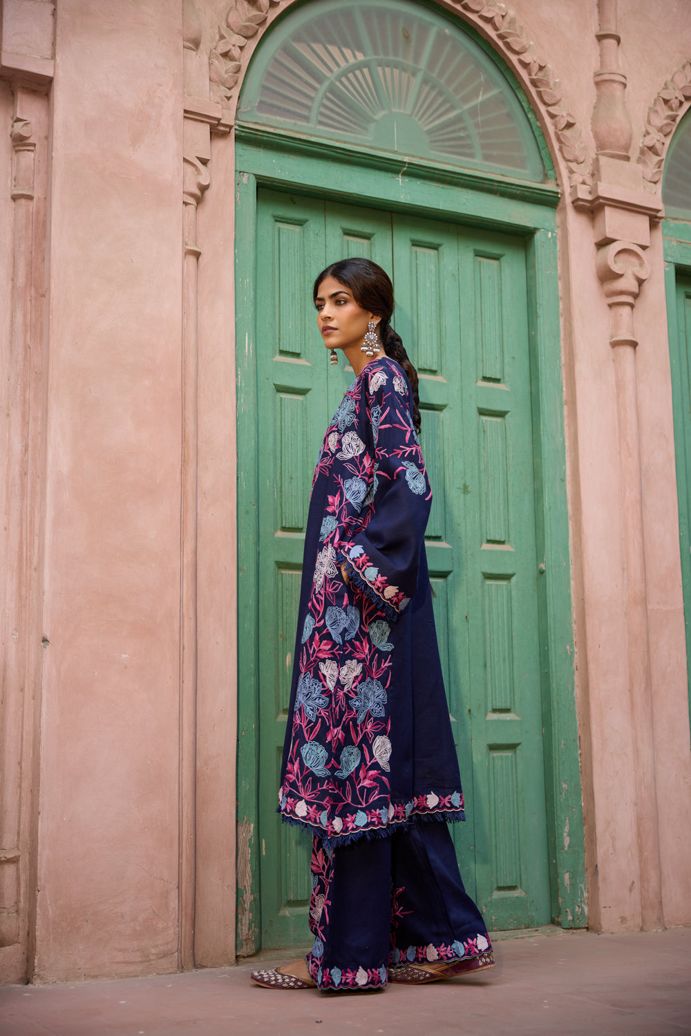 Dariba Royal Blue Pashmina Wool Kalidaar Pheran Set With Embroidered Flared Pants