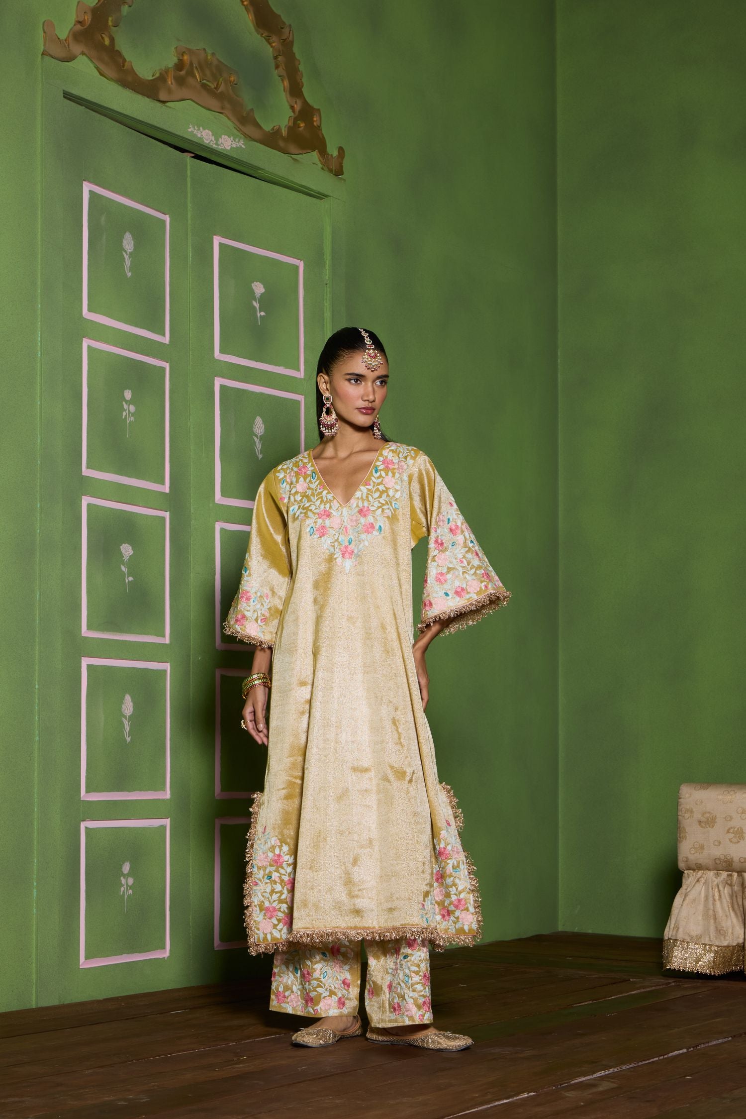 Gold Aari Embroidered Kalidaar Tissue Pheran Set with Salwar Pants & Embroidered Tissue Dupatta