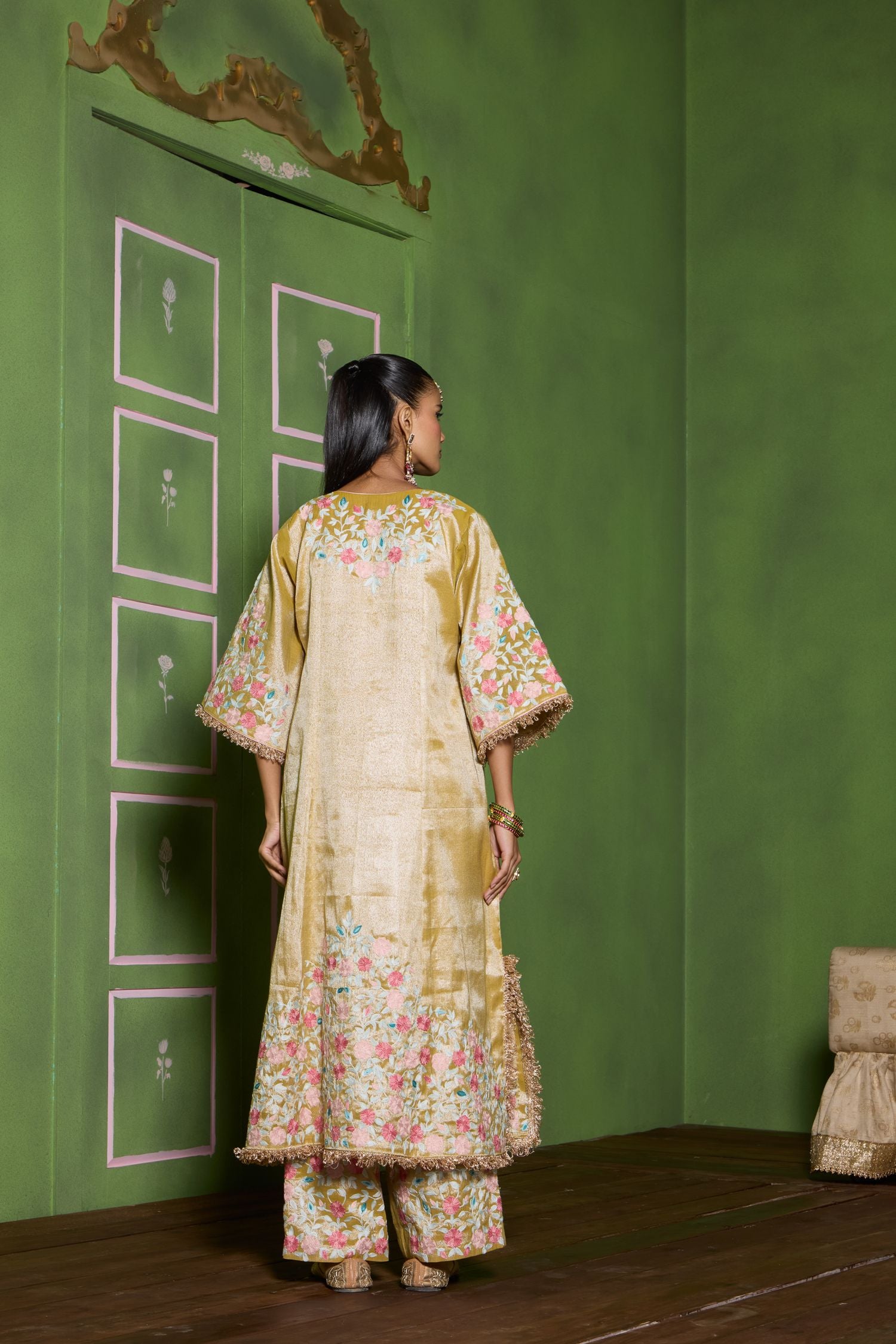 Gold Aari Embroidered Kalidaar Tissue Pheran Set with Salwar Pants & Embroidered Tissue Dupatta