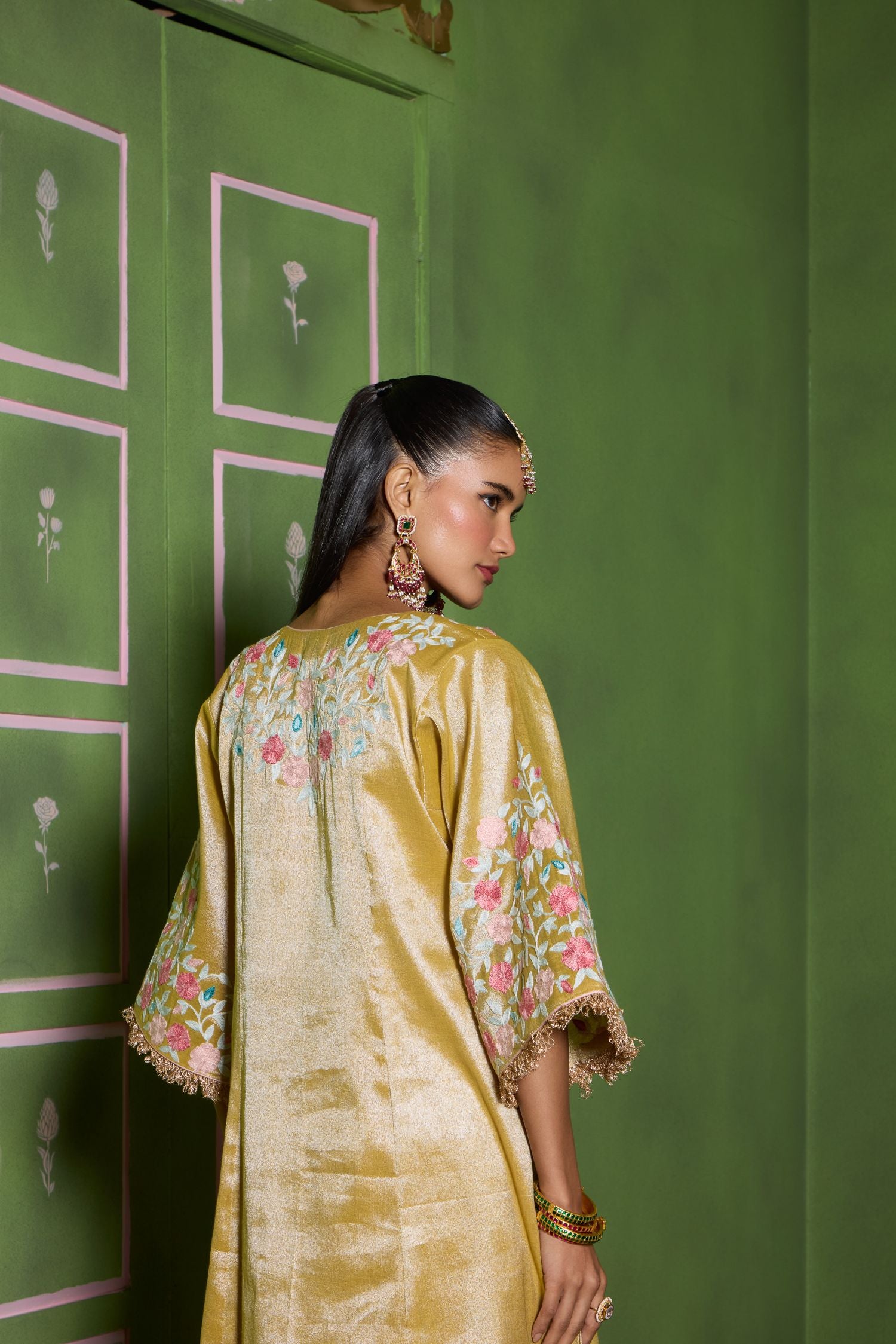 Gold Aari Embroidered Kalidaar Tissue Pheran Set with Salwar Pants & Embroidered Tissue Dupatta