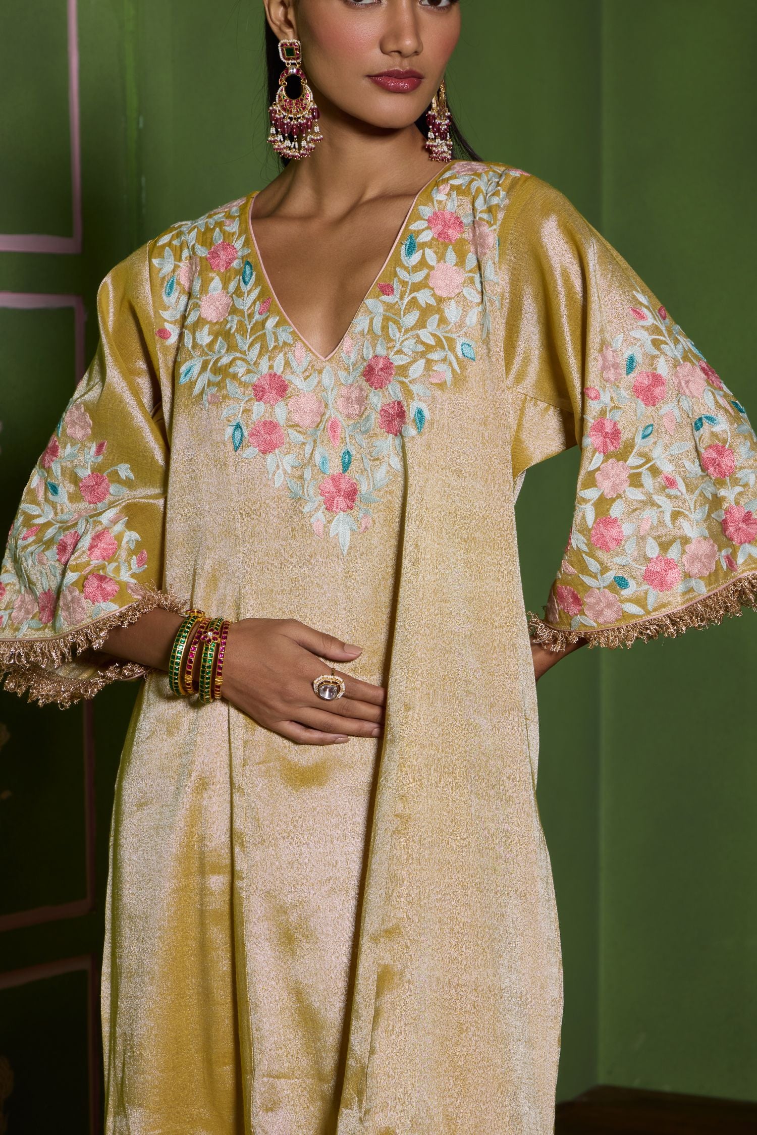 Gold Aari Embroidered Kalidaar Tissue Pheran Set with Salwar Pants & Embroidered Tissue Dupatta