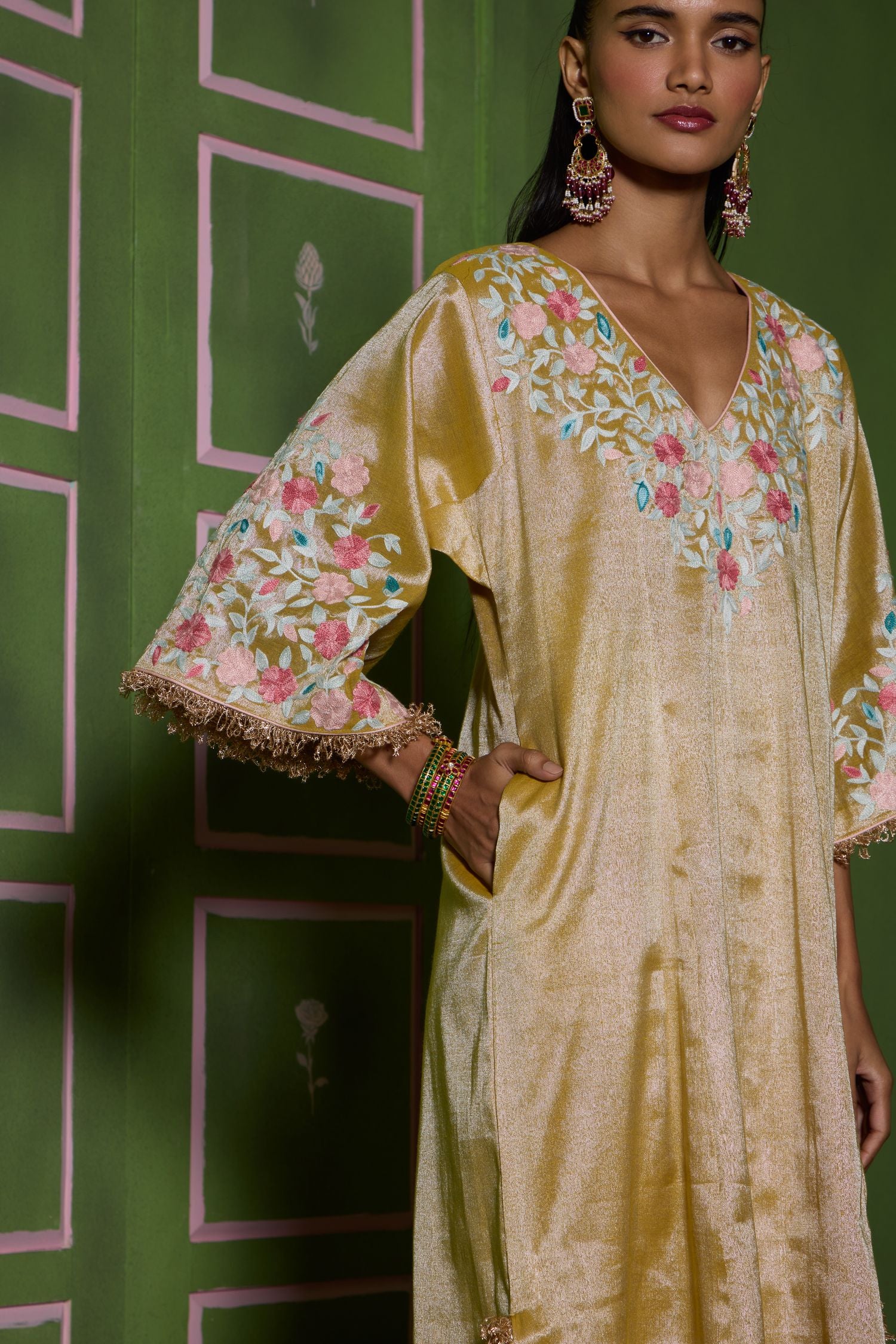 Gold Aari Embroidered Kalidaar Tissue Pheran Set with Salwar Pants & Embroidered Tissue Dupatta